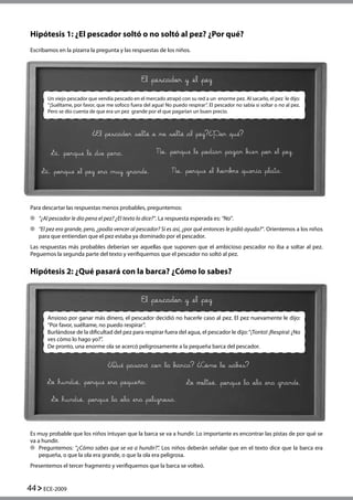 44 ECE-2009
Hipótesis 1: ¿El pescador soltó o no soltó al pez? ¿Por qué?
Escribamos en la pizarra la pregunta y las respuestas de los niños.
El pescador y el pez
El pescador y el pez
El pescador soltó o no soltó al pez? Por qué?
Sí, porque le dio pena. No, porque le podían pagar bien por el pez.
Sí, porque el pez era muy grande. No, porque el hombre quería plata.
Un viejo pescador que vendía pescado en el mercado atrapó con su red a un  enorme pez. Al sacarlo, el pez  le dijo:
“¡Suéltame, por favor, que me sofoco fuera del agua! No puedo respirar”. El pescador no sabía si soltar o no al pez.
Pero se dio cuenta de que era un pez  grande por el que pagarían un buen precio.
Para descartar las respuestas menos probables, preguntemos:
	 “¿Al pescador le dio pena el pez? ¿El texto lo dice?”. La respuesta esperada es: “No”.
	 “El pez era grande, pero, ¿podía vencer al pescador? Si es así, ¿por qué entonces le pidió ayuda?”. Orientemos a los niños
para que entiendan que el pez estaba ya dominado por el pescador.
Las respuestas más probables deberían ser aquellas que suponen que el ambicioso pescador no iba a soltar al pez.
Peguemos la segunda parte del texto y verifiquemos que el pescador no soltó al pez.
Hipótesis 2: ¿Qué pasará con la barca? ¿Cómo lo sabes?
Qué pasará con la barca? Cómo lo sabes?
Se hundió, porque la ola era peligrosa.
Se volteó, porque la ola era grande.
Ansioso por ganar más dinero, el pescador decidió no hacerle caso al pez. El pez nuevamente le dijo:
“Por favor, suéltame, no puedo respirar”.
Burlándose de la dificultad del pez para respirar fuera del agua, el pescador le dijo:“¡Tonto! ¡Respira! ¿No
ves cómo lo hago yo?”.
De pronto, una enorme ola se acercó peligrosamente a la pequeña barca del pescador.
Es muy probable que los niños intuyan que la barca se va a hundir. Lo importante es encontrar las pistas de por qué se
va a hundir.
	 Preguntemos: “¿Cómo sabes que se va a hundir?”. Los niños deberán señalar que en el texto dice que la barca era
pequeña, o que la ola era grande, o que la ola era peligrosa.
Presentemos el tercer fragmento y verifiquemos que la barca se volteó.
Se hundió, porque era pequena.
 