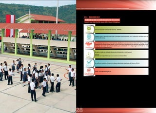28
Guía de orientación para la Asistencia Técnica para el cumplimiento de Compromisos de Desempeño
3.2.2. COMPROMISO 2
Adjudicación y contratación de docentes
Área
Proponente
Dirección General de Desarrollo Docente - DIGEDD.
Objetivo
Asegurar que el docente pueda estar contratado oportunamente en la Institución Educativa para dar
inicio al año escolar.
Compromiso
Las Unidades Ejecutoras a nivel nacional, adjudicaron a los docentes de Educación Básica y Técnico
Productiva en Jornada Escolar Simple, y en los casos que corresponda a los docentes de Jornada Escolar
Completa, de acuerdo al cuadro de méritos para contratación en la etapa regular emitiendo los actos
resolutivos en el Sistema NEXUS
Cobertura
Se aplica a todas las Unidades Ejecutoras de Educación a nivel nacional.
Excepción
Se excluye a los Colegios Militares que no se encuentran en el Sistema NEXUS.
Medio de
Verificación
Se verificará mediante el reporte de plazas adjudicadas registradas del Sistema NEXUS.
Consultas sobre
el compromiso
Email : nexus@minedu.gob.pe
Tramo 2: Buen Inicio del Año Escolar 2015 | Hasta 15 de febrero
 