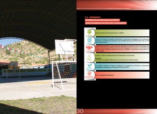 30
Guía de orientación para la Asistencia Técnica para el cumplimiento de Compromisos de Desempeño
3.2.3. COMPROMISO 3
Actualización de información en NEXUS
sobre Encargaturas de Directores y Especialistas
Área
Proponente
Dirección General de Desarrollo Docente – DIGEDD.
Objetivo
Contar con la oportuna encargatura de Directivos y Coordinadores Pedagógicos en las Instituciones
Educativas y Especialistas en Educación en las Unidades Ejecutoras permitirá poder tener un buen
inicio del año escolar.
Compromiso
Las Unidades Ejecutoras a nivel nacional han ingresado la información sobre las Encargaturas de
Puesto o Funciones para Directivos, Coordinadores Pedagógicos del modelo de servicio educativo
Jornada Escolar Completa en aquellos casos que corresponda, y Especialistas en Educación en el
Sistema NEXUS.
Cobertura
Se aplica a todas las Unidades Ejecutoras de Educación a nivel nacional.
Excepción
Se excluye a los Colegios Militares que no se encuentran en el Sistema NEXUS.
Medio de
Verificación
Se verificará mediante el reporte consolidado de Encargaturas de Directivos, Coordinadores
Pedagógicos y Especialistas en Educación del Sistema NEXUS.
Consultas sobre
el compromiso
Email : nexus@minedu.gob.pe
Tramo 2: Buen Inicio del Año Escolar 2015 | Hasta 15 de febrero
 