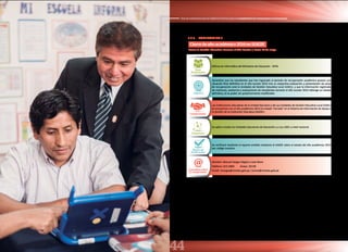 44
Guía de orientación para la Asistencia Técnica para el cumplimiento de Compromisos de Desempeño
3.3.3. COMPROMISO 3
Cierre de año académico 2014 en SIAGIE
Área
Proponente
Oficina de Informática del Ministerio de Educación - OFIN.
Objetivo
Garantizar que los estudiantes que han ingresado al periodo de recuperación académico posean una
situación final definitiva en el año escolar 2014 tras su respectiva evaluación y presentación de actas
de recuperación ante la Unidades de Gestión Educativa Local (UGEL), y que la información registrada
de matrícula, asistencia y evaluaciones de estudiantes durante el año escolar 2014 obtenga un estado
definitivo, al no poder ser posteriormente modificable.
Compromiso
Las instituciones educativas de la Unidad Ejecutora y de sus Unidades de Gestión Educativa Local (UGEL)
se encuentran con el año académico 2014 en estado “cerrado” en el Sistema de Información de Apoyo a
la Gestión de la Institución Educativa (SIAGIE).
Cobertura
Se aplica a todas las Unidades Ejecutoras de Educación y a sus UGEL a nivel nacional.
Medio de
Verificación
Se verificará mediante el reporte emitido mediante el SIAGIE sobre el estado del año académico 2014
por código modular.
Consultas sobre
el compromiso
Nombre: Manuel Vargas Alegría o José More
Teléfono: 615-5800 Anexo: 26138
Email: mvargas@minedu.gob.pe / jmore@minedu.gob.pe
Ver flujo en la página 47
Tramo 3: Gestión Educativa Durante el Año Escolar | Hasta 15 de mayo
 