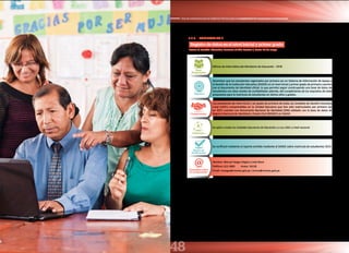 48
Guía de orientación para la Asistencia Técnica para el cumplimiento de Compromisos de Desempeño
3.3.5. COMPROMISO 5
Registro de datos en el nivel inicial y primer grado
Área
Proponente
Oficina de Informática del Ministerio de Educación - OFIN
Objetivo
Garantizar que los estudiantes registrados por primera vez en Sistema de Información de Apoyo a
la Gestión de la Institución Educativa (SIAGIE) en el nivel inicial y primer grado de primaria cuenten
con el documento de identidad oficial, lo que permite seguir construyendo una base de datos de
estudiantes con altos niveles de confiabilidad; además, del cumplimiento de los requisitos de edad
propuestos para la matrícula de estudiantes en dichos años y grados.
Compromiso
Los estudiantes de nivel inicial y 1er grado de primaria de todas las Unidades de Gestión Educativa
Local (UGEL) comprendidas en la Unidad Ejecutora que han sido matriculados por primera vez
en 2015 cuentan con Documento Nacional de Identidad (DNI) validado con la base de datos de
Registro Nacional de Identidad y Estado Civil (RENIEC) en SIAGIE.
Cobertura
Se aplica a todas las Unidades Ejecutoras de Educación y a sus UGEL a nivel nacional.
Medio de
Verificación
Se verificará mediante el reporte emitido mediante el SIAGIE sobre matrícula de estudiantes 2015.
Consultas sobre
el compromiso
Nombre: Manuel Vargas Alegría o José More
Teléfono: 615-5800 Anexo: 26138
Email: mvargas@minedu.gob.pe / jmore@minedu.gob.pe
Tramo 3: Gestión Educativa Durante el Año Escolar | Hasta 15 de mayo
 