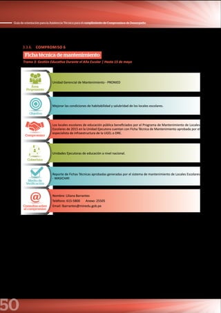 50
Guía de orientación para la Asistencia Técnica para el cumplimiento de Compromisos de Desempeño
3.3.6. COMPROMISO 6
Ficha técnica de mantenimiento
Área
Proponente
Unidad Gerencial de Mantenimiento - PRONIED
Objetivo
Mejorar las condiciones de habitabilidad y salubridad de los locales escolares.
Compromiso
Los locales escolares de educación pública beneficiados por el Programa de Mantenimiento de Locales
Escolares de 2015 en la Unidad Ejecutora cuentan con Ficha Técnica de Mantenimiento aprobada por el
especialista de infraestructura de la UGEL o DRE.
Cobertura
Unidades Ejecutoras de educación a nivel nacional.
Medio de
Verificación
Reporte de Fichas Técnicas aprobadas generadas por el sistema de mantenimiento de Locales Escolares
- WASICHAY.
Consultas sobre
el compromiso
Nombre: Liliana Barrantes
Teléfono: 615-5800 Anexo: 25505
Email: lbarrantes@minedu.gob.pe
Tramo 3: Gestión Educativa Durante el Año Escolar | Hasta 15 de mayo
 