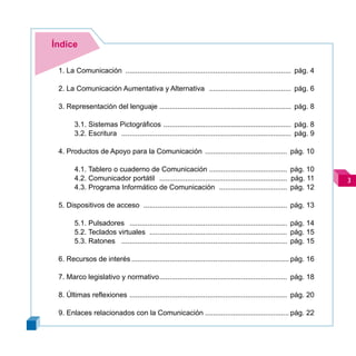 Índice

 1. La Comunicación ................................................................................... pág. 4

 2. La Comunicación Aumentativa y Alternativa ......................................... pág. 6

 3. Representación del lenguaje .................................................................. pág. 8

       3.1. Sistemas Pictográficos ................................................................ pág. 8
       3.2. Escritura ..................................................................................... pág. 9

 4. Productos de Apoyo para la Comunicación ......................................... pág. 10

       4.1. Tablero o cuaderno de Comunicación ....................................... pág. 10
       4.2. Comunicador portátil ................................................................ pág. 11            
       4.3. Programa Informático de Comunicación .................................. pág. 12

 5. Dispositivos de acceso ........................................................................ pág. 13

       5.1. Pulsadores ............................................................................... pág. 14
       5.2. Teclados virtuales ..................................................................... pág. 15
       5.3. Ratones ................................................................................... pág. 15

 6. Recursos de interés ............................................................................... pág. 16

 7. Marco legislativo y normativo ................................................................ pág. 18

 8. Últimas reflexiones ............................................................................... pág. 20

 9. Enlaces relacionados con la Comunicación .......................................... pág. 22
 