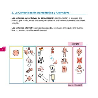 2. La Comunicación Aumentativa y Alternativa
    Los sistemas aumentativos de comunicación, complementan el lenguaje oral
    cuando, por si sólo, no es suficiente para entablar una comunicación efectiva con el
    entorno.

    Los sistemas alternativos de comunicación, sustituyen al lenguaje oral cuando
    éste no es comprensible o está ausente.




                                                                        ejemplo






                                                                    Fuente: ARASAAC
 