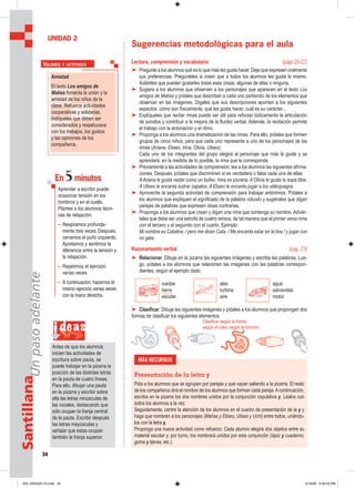 34
SantillanaUnpasoadelante
Sugerencias metodológicas para el aula
Lectura, comprensión y vocabulario (págs.20-22)
➤ Pregunte a los alumnos qué es lo que más les gusta hacer. Deje que expresen oralmente
sus preferencias. Pregúnteles si creen que a todos los alumnos les gusta lo mismo.
Acláreles que pueden gustarles todas esas cosas, algunas de ellas o ninguna.
➤ Sugiera a los alumnos que observen a los personajes que aparecen en el texto Los
amigos de Matías y pídales que describan a cada uno partiendo de los elementos que
observan en las imágenes. Dígales que sus descripciones apunten a los siguientes
aspectos: cómo son físicamente, qué les gusta hacer, cuál es su carácter...
➤ Explíqueles que recitar rimas puede ser útil para reforzar lúdicamente la articulación
de sonidos y contribuir a la mejora de la fluidez verbal. Además, la recitación permite
el trabajo con la entonación y el ritmo.
➤ Proponga a los alumnos una dramatización de las rimas. Para ello, pídales que formen
grupos de cinco niños, para que cada uno represente a uno de los personajes de las
rimas (Ariana, Eliseo, Irina, Olivia, Ulises).
Cada uno de los integrantes del grupo elegirá al personaje que más le guste y se
aprenderá, en la medida de lo posible, la rima que le corresponde.
➤ Previamente a las actividades de comprensión, lea a los alumnos las siguientes afirma-
ciones. Después, pídales que discriminen si es verdadera o falsa cada una de ellas:
AAriana le gusta nadar como un bufeo. Irina es piurana. A Olivia le gusta la sopa tibia.
A Ulises le encanta lustrar zapatos. A Eliseo le encanta jugar a los videojuegos.
➤ Aproveche la segunda actividad de comprensión para trabajar antónimos. Pídales a
los alumnos que expliquen el significado de la palabra robusto y sugiérales que digan
parejas de palabras que expresen ideas contrarias.
➤ Proponga a los alumnos que crean y digan una rima que contenga su nombre. Adviér-
tales que debe ser una estrofa de cuatro versos, de tal manera que el primer verso rime
con el tercero y el segundo con el cuarto. Ejemplo:
Mi nombre es Catalina, / pero me dicen Cata. / Me encanta estar en la tina / y jugar con
mi gata.
Razonamiento verbal (pág. 23)
➤ Relacionar. Dibuje en la pizarra las siguientes imágenes y escriba las palabras. Lue-
go, pídales a los alumnos que relacionen las imágenes con las palabras correspon-
dientes, según el ejemplo dado.
ruedas alas agua
→ tierra turbina salvavidas
escolar aire motor
➤ Clasificar. Dibuje las siguientes imágenes y pídales a los alumnos que propongan dos
formas de clasificar los siguientes elementos:
UNIDAD 2
MÁS RECURSOS
Presentación de la letra y
Pida a los alumnos que se agrupen por parejas y que vayan saliendo a la pizarra. El resto
de los compañeros dirá el nombre de los alumnos que forman cada pareja.A continuación,
escriba en la pizarra los dos nombres unidos por la conjunción copulativa y. Léalos con
todos los alumnos a la vez.
Seguidamente, centre la atención de los alumnos en el cuadro de presentación de la y y
haga que nombren a los personajes (Matías y Eliseo, Ulises y Uchi) entre todos, uniéndo-
los con la letra y.
Proponga una nueva actividad como refuerzo. Cada alumno elegirá dos objetos entre su
material escolar y, por turno, los nombrará unidos por esta conjunción (lápiz y cuaderno;
goma y tijeras, etc.).
Clasificar según la forma,
según el color, según la función...i deas
Antes de que los alumnos
inicien las actividades de
escritura sobre pauta, se
puede trabajar en la pizarra la
posición de las distintas letras
en la pauta de cuatro líneas.
Para ello, dibujar una pauta
en la pizarra y escribir sobre
ella las letras minúsculas de
las vocales, destacando que
sólo ocupan la franja central
de la pauta. Escribir después
las letras mayúsculas y
señalar que estas ocupan
también la franja superior.
Amistad
El texto Los amigos de
Matías fomenta la unión y la
amistad de los niños de la
clase. Refuerce actividades
cooperativas y solidarias.
Indíqueles que deben ser
considerados y respetuosos
con los trabajos, los gustos
y las opiniones de los
compañeros.
VALORES Y ACTITUDES
En 5minutos
Aprender a escribir puede
ocasionar tensión en los
hombros y en el cuello.
Plantee a los alumnos técni-
cas de relajación:
– Respiramos profunda-
mente tres veces. Después,
cerramos el puño izquierdo.
Apretamos y sentimos la
diferencia entre la tensión y
la relajación.
– Repetimos el ejercicio
varias veces.
– A continuación, hacemos el
mismo ejercicio varias veces
con la mano derecha.
033_040U02L1G.indd 34033_040U02L1G.indd 34 2/16/06 5:30:53 PM2/16/06 5:30:53 PM
 