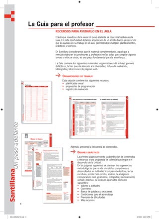 4
SantillanaUnpasoadelante
La Guía para el profesor
RECURSOS PARA AYUDARLO EN EL AULA
El enfoque novedoso de la serie Un paso adelante se concreta también en la
Guía. En esta oportunidad dotamos al profesor de un amplio banco de recursos
que lo ayudará en su trabajo en el aula, permitiéndole múltiples planteamientos,
prácticos y teóricos.
En Santillana consideramos que el material complementario, aquel que a
menudo elaboran los profesores y profesoras en las aulas para ampliar algunos
temas o reforzar otros, es una pieza fundamental para la enseñanza.
La Guía contiene los siguientes materiales: organizadores de trabajo, guiones
didácticos, fichas para la atención a la diversidad, fichas de evaluación,
bibliografía y direcciones de páginas web.
ORGANIZADORES DE TRABAJO
Esta sección contiene los siguientes recursos:
• planificador anual
• propuestas de programación
• registro de evaluación
Además, presenta la secuencia de contenidos.
GUIONES DIDÁCTICOS
La primera página presenta la distribución de contenidos
y recursos y una propuesta de calendarización para el
desarrollo de la Unidad.
En las páginas siguientes se plantean las sugerencias
metodológicas para cada uno de los componentes
desarrollados en la Unidad (comprensión lectora, lecto-
escritura, producción escrita, análisis de imágenes,
comunicación oral, gramática, ortografía y razonamiento
verbal). Además, se incluyen apartados como los
siguientes:
• Valores y actitudes
• Con ritmo
• Banco de palabras y oraciones
• Condiciones para el aprendizaje
• Previsión de dificultades
• Más recursos
6
SantillanaUnpasoadelante
Planificador
Enero Febrero Marzo Abril
1 Año Nuevo
1 1 1 Día de la Educación Nacional
2 2 2 2
3 3 3 3
4 4 4 4
5 5 5 5
6 6 6 6
7 7 7 7 Día Mundial de la Salud
8 8 8 8
9 9 9 9
10 10 10 10
11 11 11 11
12 12 12 12 Aniversario del Nacimiento del
Inca Garcilaso de la Vega
13 13 13 13
14 14 14 14
15 15 15 15
16 16 16 16
17 17 17 17
18 18 18 18
19 19 19 19
20 20 20 20
21 21 21 Día Internacional de la Eliminación
de la Discriminación Racial 21
22 22 22 22 Día de la Tierra
23 23 23 23 Día del Idioma
24 24 24 24
25 25 25 25
26 26 26 26
27 27 27 27
28 28 28 28
29 29 29
30 30 30
31 31
Unpasoadelante
MATERIAL FOTOCOPIABLE • MATERIAL FOTOCOPIABLE • MATERIAL FOTOCOPIABLE
Santillana
65
Unpasoadelante
Matías en Huaura
Libro del alumno
Recursos
para el profesor
Otros materiales
para el alumno
Págs. Indicadores de logro
114-116 Lectura y comprensión
• Lee el texto Matías en Huaura.
• Formula hipótesis a partir de la observación de
una ilustración.
• Comprende el significado de palabras y oraciones
por el contexto.
• Identifica el lugar y el tiempo en el que se desarro-
lla la acción del texto.
• Reconoce personajes y acciones que realiza cada
uno de ellos.
• Expresa su opinión acerca del tema del texto.
➤ Sugerencias metodológicas
(Guía didáctica págs. 66-67)
➤ Audición del texto
Matías en Huaura
(CD cuentos y rimas)
➤ Ficha de refuerzo 1
(Guía didáctica pág. 68)
➤ Ficha de refuerzo 2
(Guía didáctica pág. 69)
➤ Ficha de razonamiento lógico
(Guía didáctica pág. 70)
➤ Material para el aula
Lámina para cada una de las
letras.
➤ Ficha de evaluación
(Guía didáctica págs. 71-72)
➤ Plan lector
Renata y su gato,
ALINE PETTERSSON.
Alfaguara infantil.
Serie Verde.
➤ Cuaderno de
trabajo
(págs. 24-29)
117 Razonamiento verbal
• Ordena una secuencia narrativa.
• Identifica elementos de un mismo campo semán-
tico.
• Clasifica elementos según un criterio determinado.
118-127 Lecto escritura
• Asocia las letras g (ga, go, gu) y las combinacio-
nes gue, gui con sus correspondientes sonidos.
• Identifica la letra g (ga, go, gu) y las combinacio-
nes gue, gui en un grupo de palabras.
• Lee y escribe palabras, grupos nominales y ora-
ciones que contienen la letra g (ga, go, gu) y las
combinaciones gue, gui.
• Completa, forma y escribe oraciones con palabras
que contienen la letra g (ga, go, gu) y las combi-
naciones gue, gui.
• Lee, completa y escribe oraciones y textos breves
con palabras que contienen la letra h.
128 Leemos más
• Lee un texto informativo y organiza su contenido
en un esquema.
129 Hablamos más
• Relata un viaje.
130-131 Escribimos más
Gramática y ortografía
• Identifica y escribe adjetivos.
• Completa oraciones con adjetivos.
Redacción creativa
• Describe personas.
Sugerencia de calendarización (3 semanas)
Marzo Abril Mayo Junio Julio Agosto Setiembre Octubre Noviembre Diciembre
VALORACIÓN DEL TRABAJO
66
66
SantillanaUnpasoadelante
Sugerencias metodológicas para el aula
Lectura, comprensión y vocabulario (págs. 114-116)
➤ Antes de la lectura, pida a los alumnos que hagan conjeturas acerca de los personajes
y de la trama de la historia: quiénes aparecen en la ilustración, qué creen que están
haciendo, dónde están… Déjelos que comenten libremente las actitudes de los perso-
najes y que imaginen qué está sucediendo.
➤ Interrumpa una o dos veces la lectura para que los alumnos puedan comentar lo que
va sucediendo en la historia, y lo que imaginan ellos que puede suceder en adelante.
➤ Sugiérales que escriban la historia en forma de historieta. Previamente, deben hacer
el borrador: dividir la historia en viñetas, escribir la parte narrativa, dibujar las escenas
de cada viñeta y escribir los diálogos de los personajes en globos.
➤ Proponga a los niños que realicen una actividad para trabajar la comprensión de la lec-
tura, pero con la particularidad de que sean ellos mismos quienes hagan las preguntas
a sus compañeros.
Para ello divida la clase en grupos de tres o cuatro alumnos. Cada grupo debe escribir
dos preguntas sobre la historia. Una vez escritas, se contestarán todas las preguntas
de forma oral.
➤ Centre la atención de los alumnos haciendo preguntas relacionadas con las plantas:
¿Qué nombres de árboles y plantas conocen? ¿Qué beneficios nos aportan las plan-
tas? ¿Qué árboles abundan en su localidad?
Razonamiento verbal (pág. 117)
➤ Observar y comparar. Dibuje en la pizarra las siguientes imágenes, pida a los alum-
nos que observen detenidamente la primera imagen y sugiérales que completen las
siguientes de tal manera que tengan los mismos elementos de la primera.
➤ Relacionar e inferir. Presente las siguientes imágenes a los alumnos y pídales que
elijan una imagen para las siguientes palabras.
Lecto-escritura (págs. 118-127)
➤ Al repasar la letra g, recuerde a los niños que ocurre algo parecido a lo que pasa con
el sonido k: dependiendo de la vocal que acompaña al sonido se escribe una letra u
otra. Explíqueles que esa es la razón por la que en la cabecera de la g sólo aparecen
las sílabas ga, go, gu.
UNIDAD 6
Valoración del trabajo
El texto Matías en Huaura
fomenta el valor al trabajo.
Aproveche el contenido de
la lectura para motivar el
interés de conocer lugares
de nuestro país y todo lo
que nos ofrece.
Además, reconocer y
apreciar el arduo trabajo
que realizan las personas
en el campo.
VALORES Y ACTITUDES
En 5minutos
Imite el sonido gutural de la g
de forma continuada, como si
estuviera haciendo gárgaras.
Pida a los alumnos que hagan
lo mismo y que se coloquen
los dedos a los lados de
la garganta para notar las
vibraciones.
i deas
Escriba las siguientes
oraciones en tres tiras de
papel:
– El gato pidió a Miguel su
bolso y sus botas.
– La reina regaló a Miguel un
tesoro.
– A Miguel le tocó una
guitarra y un gato.
Sujete las tiras de papel a la
pizarra y haga que las lean
entre todos. A continuación,
pídale a un alumno que
numere las oraciones según
el orden de la secuencia
narrativa. Finalmente, haga
que lean las oraciones, pero
ahora introduciendo los
conectores temporales
primero, después, por último.
Leer en cadena
La lectura en cadena de los textos le proporcionará una información valiosa sobre
las habilidades lectoras de sus alumnos. Preste especial atención a los siguientes
aspectos:
– La lectura fluida de palabras, evitando el silabeo.
– El respeto de las pausas entre oraciones y entre párrafos.
– La lectura fiel, sin omisiones ni añadidos.
– La correcta vocalización y entonación.
– El ritmo de lectura, ni demasiado lento ni demasiado rápido.
Condiciones para el aprendizaje
MEDIA TRUENO INFLADOR MARINERO
Santillana
67
Unpasoadelante
➤ Los sonidos /k/ y /g/ tienen el mismo punto de articulación (sonidos velares), por lo que
es conveniente reforzar la discriminación auditiva. Para ello, diga parejas de palabras
que sólo difieran en estos sonidos. Pronuncie despacio y con un intervalo de tiempo
más o menos breve entre una palabra y otra.
Cada alumno irá repitiendo la pareja de palabras que se le indique. Las parejas pue-
den ser estas:
toga-toca casa-gasa goma-coma vaca-vaga
gorro-corro cama-gama goloso-coloso col-gol
Preste especial atención a los alumnos que al pronunciar la pareja de palabras, pre-
senten confusiones.
➤ Forme pequeños grupos y reparta a cada uno varias revistas y una cartulina. Proponga
varios temas: comidas, juguetes, deportes, animales, ropa… Cada grupo debe elegir
el tema que más le guste y buscar fotos relacionadas con él, de elementos cuyos
nombres contengan la g suave. Después, harán el mural con las fotos encontradas.
➤ Escriba en la pizarra las palabras gato y guitarra y pronuncie con énfasis las sílabas ga
y gui para que los niños perciban que se trata del mismo sonido. Destaque que la letra
g, cuando va con las vocales e o i, debe llevar una u para producir el sonido g suave.
➤ Explique que la h no tiene sonido; sin embargo, en las palabras que la llevan, es muy
importante no olvidarse de escribirla. Coménteles que poco a poco irán aprendiendo
qué palabras se escriben con esta letra.
➤ Antes de realizar la práctica, plantee el siguiente ejercicio de discriminación: escriba en
la pizarra, rodeada con un círculo de color, la letra h y, debajo, varias filas con las letras
h, l, d mezcladas entre sí. Los alumnos saldrán por turno y marcarán la letra modelo
del color indicado.
➤ Escriba en la pizarra los siguientes pares de palabras homófonas:
hasta-asta hola-ola
Ilustre con fotografías o dibujos aquellas palabras que tengan significados concretos:
el asta de un animal, la ola del mar. Presente los dibujos a los niños y pídales que los
nombren. Rodee en la pizarra con tiza roja las palabras correspondientes.
A continuación, explique el significado de las otras palabras y dé ejemplos como estos:
No me acuesto hasta las ocho. ¡Hola, María!
➤ Recuerde a los alumnos que hay y había se escriben con h. Luego, propóngales que
escriban dos oraciones similares a las que aparecen en la actividad en las que usen
estas formas verbales.
Escribimos más (págs. 130-131)
➤ Antes de resolver los ejercicios, plantee a los alumnos el siguiente juego: un niño o
niña saldrá y pensará en un objeto que haya en el salón. Los demás le irán haciendo
preguntas sobre sus características (¿Es grande?, ¿verde?, ¿pesa mucho?, ¿es de
madera?...) para intentar adivinar de qué objeto se trata. En el momento en que alguno
de los niños sepa lo que es, levantará la mano y lo dirá. El alumno que adivine el objeto
pensado saldrá a elegir un nuevo elemento.
➤ Lleve a clase fotografías de diferentes personas adultas y de niños. Muestre una de
ellas a los alumnos y pídales que la observen detenidamente. A continuación, haga
preguntas con las que los niños puedan describir colectivamente a la persona de la
foto. Por ejemplo: ¿De qué color tiene el pelo? ¿Lleva anteojos? ¿Cómo va vestido?
BANCO DE PALABRAS
Y ORACIONES
• Hipo, hola, hierro, hotel,
hondo, herida, húmedo, higo,
humo, hada,
hipopótamo, hielo.
• Mi amigo Agustín tiene un
gorrión.
Mi amiguita Olga come
espaguetis. A Diego le duele
el estómago. El guiso está
caliente en el fogón.
Guillermo tiene gorro y
guantes.
Rima de la g
Al gato del mago
le gusta cantar,
con una guitarra
llevar el compás.
El gato de Gago
es muy especial.
Con rriittmmoo
MÁS RECURSOS
Los adjetivos opuestos
Para trabajar las parejas de adjetivos que tienen significados opuestos, puede realizar el
siguiente juego:
Elabore veintiséis fichas con estas palabras: atado, desatado, sucio, limpio, caliente, frío,
salado, dulce, divertido, aburrido, alto, bajo, claro, oscuro, feo, bonito, barato, caro, fácil,
difícil, ruidoso, silencioso, simpático, antipático, lleno, vacío.
Entregue una ficha a cada uno de sus alumnos. Un alumno se levantará y leerá su ficha.
El resto debe escuchar atentamente, porque el que tenga la palabra contraria debe levan-
tar la mano y completar así la pareja de adjetivos antónimos.
Comente a los alumnos que
deben defender lo que opinan o
creen, pero siempre de forma
respetuosa y que deben
escuchar las razones de los
demás. Hágales ver que a veces
creemos estar seguros de algo
que luego no resuelte cierto.
Explique también que, aún
teniendo razón, siempre
debemos respetar a los demás.
Hábitos de
EST UDIO
12
SantillanaUnpasoadelante
13
Santillana
Unpasoadelante
UNA PROPUESTA DE PROGRAMACIÓN PARA EL PRIMER GRADO DE PRIMARIA
PRIMER TRIMESTRE
UNIDAD CONTENIDOS
EXPRESIÓN Y
COMPRENSIÓN ORAL
COMPRENSIÓN DE
TEXTOS
PRODUCCIÓN DE
TEXTOS VALORES Y
ACTITUDES
INDICADORES DE LOGRO
CAPACIDADES
1
• En la escuela
• Clasificación. Término
excluido. Predicción
• La atención.
La secuencia.
La ubicación en el
espacio. La lateralidad.
La ubicación en el
espacio. Los juegos
lógicos. La secuencia
temporal.
La estructura rítmica.
Los sonidos
lingüísticos.
La grafomotricidad
• La distinción de
detalles
Expresa su opinión de manera
espontánea
Escucha con atención la
participación de sus
compañeros
Comenta experiencias
Diferencia auditivamente
sonidos determinados y
desarrolla su memoria auditiva
Escucha el texto con atención
e interés
Identifica el lugar en que
ocurren los hechos del relato
Relaciona a los personajes con
una frase dicha por ellos
Infiere el estado emocional del
personaje principal al final de la
historia
Clasifica objetos que
pertenecen a un mismo grupo
Reconoce el término excluido
Deduce la secuencia narrativa
Establece la veracidad o
falsedad de enunciados
Discrimina imágenes
Identifica nociones temporales
y espaciales
Controla los movimientos de
sus dedos en trazos dados
Ejercita movimientos de flexión,
extensión, equilibrio y
coordinación
VALOR:
Compañerismo
• Reconoce la
importancia de ser
amable y solidario con
sus compañeros en
el aula.
• Respeta el turno de
participación de sus
compañeros.
• Distingue el lugar donde ocurre la historia dentro de un grupo de imágenes. Relaciona dos personajes con las
frases que emitió cada uno en el texto. Escoge entre dos imágenes aquella que representa el estado de ánimo
del personaje al final de la historia.
• Selecciona dos imágenes que pertenecen al mismo campo semántico. Tacha el elemento que no guarda relación
con el resto dentro de un grupo. Escoge una imagen que continúa la secuencia planteada por un enunciado.
• Identifica semejanzas y diferencias entre imágenes. Reconoce la secuencia dentro de una serie de imágenes.
Une adecuadamente puntos para formar figuras. Identifica adecuadamente las nociones de derecha,
izquierda, arriba y abajo.
• Reconoce auditivamente el número de sílabas de ciertas palabras y la letra con la que empiezan y terminan
algunas palabras.
• Repasa líneas y completa trazos y figuras.
• Identifica los detalles de una imagen. Establece la existencia o no de datos en la imagen a partir de un
enunciado.
2
• Los amigos de Matías
• Clasificación por
semejanza. Analogías
• Las vocales. La y con
sonido vocálico
• Las viñetas
• La declamación de
poesías
Comunica sus ideas y
experiencias con libertad
Fundamenta su opinión por
medio de razones
Asocia las letras a, e, i, o, u
con sus respectivos sonidos
Recita poesías
Escucha el texto con atención
e interés
Reconoce los objetos con los
que se relacionan los
personajes
Deduce el significado de
palabras
Clasifica dos objetos por sus
semejanzas y diferencias
Deduce la relación entre
imágenes y completa analogías
Completa palabras con las
vocales y relaciona elementos
con la y (sonido vocálico)
VALOR:
Amistad. Autoestima
• Se interesa por
conocer los gustos y
preferencias de sus
compañeros.
• Se valora a sí mismo
como un ser único y
especial.
• Relaciona los nombres de los personajes con los elementos que los identifican en la lectura. Expresa su opinión
sobre la amistad.
• Reconoce las relaciones de semejanza y diferencia entre dos imágenes con respecto a su color, tamaño y sabor.
Selecciona la imagen que completa adecuadamente una analogía.
• Distingue los sonidos vocálicos dentro de un grupo de palabras. Reconoce las vocales dentro de textos breves.
Repasa adecuadamente las grafías de las vocales.
• Recita una poesía que destaca los sonidos vocálicos.
3
• Matías lee
• Comparación.
Secuencias. Series
• Las letras m, p, l, s
• La lectura de listas
• El entendimiento de
gráficos
• El singular y el plural
• La mayúscula en
nombres propios
• La escritura de
mensajes
Expresa su opinión de manera
espontánea
Escucha con atención la
participación de sus
compañeros
Comenta experiencias
Diferencia auditivamente
sonidos determinados y
desarrolla su memoria auditiva
Lee palabras con m, p, l, s
Lee listas
Escucha el texto con atención
e interés
Identifica al protagonista
Ordena la secuencia de
imágenes
Infiere el significado de
palabras
Discrimina imágenes
Completa una serie de
imágenes
Reconoce datos en un gráfico
Forma y escribe palabras con
las letras m, p, l y s
Aplica nociones básicas de
número en sustantivos
Emplea las mayúsculas en la
escritura de sustantivos propios
Copia adecuadamente frases
breves
VALOR:
Tolerancia. Respeto
• Respeta las diferencias
entre las personas.
• Tolera y valora las
opiniones de sus
compañeros.
• Reconoce al personaje principal del cuento entre una serie de imágenes. Numera imágenes que representan la
secuencia narrativa del texto. Escoge la imagen que representa un concepto clave en el texto. Expresa su opi-
nión y la fundamenta con razones.
• Escoge la imagen que guarda relación con una propuesta. Selecciona la imagen que completa la secuencia de
una serie. Completa una serie de imágenes.
• Reconoce las letras m, p, l y s en palabras y textos breves. Lee y escribe palabras y oraciones que contienen
estas letras. Distingue las sílabas directas e inversas con la l y con la s.
• Lee listas de objetos y reconoce a qué personajes pertenecen.
• Identifica datos que contiene un gráfico.
• Reconoce y escribe palabras en número singular y plural.
• Escribe nombres propios empleando adecuadamente las mayúsculas.
• Copia mensajes breves.
4
• Todas las familias son
diferentes
• Causas y consecuen-
cias. Representación.
Inferencia
• Las letras t, n, d, f
• La lectura de las
Páginas Amarillas
• La audición y lectura
de adivinanzas
• El masculino
y el femenino
• La coma
• La escritura de
enumeraciones
Comunica sus ideas y
experiencias con libertad
Fundamenta su opinión por
medio de razones
Diferencia auditivamente
sonidos determinados y
desarrolla su memoria auditiva
Lee palabras con t, n, d, f
Lee textos publicitarios breves
Lee adivinanzas
Escucha el texto con atención
e interés
Reconoce al personaje que
enuncia una frase del texto
Distingue la imagen que
representa a los personajes
Establece causas y
consecuencias
Realiza inferencias
Forma y escribe palabras con
las letras t, n, d y f
Aplica nociones básicas de
género en sustantivos
Emplea la coma
Escribe enumeraciones
VALOR:
Respeto por las
diferencias
• Valora las
características únicas
que posee cada uno
como persona.
• Escoge el personaje que enuncia una frase determinada del texto. Relaciona la imagen que corresponde a cada
personaje. Distingue los tipos de familias a que hace referencia el texto. Expresa su opinión sobre el contenido
del texto y fundamenta sus respuestas con razones.
• Infiere la causa de un hecho a partir de un enunciado. Escoge la imagen que completa la secuencia narrativa.
• Reconoce las letras t, n, d y f en palabras y textos breves. Lee y escribe palabras y oraciones que contienen
estas letras.
• Lee textos publicitarios breves y adivinanzas.
• Reconoce y escribe palabras en género femenino y masculino.
• Copia un texto que emplea comas.
• Escribe enumeraciones aplicando el uso de la coma.
000_024U00L1G.indd 4000_024U00L1G.indd 4 2/16/06 5:36:13 PM2/16/06 5:36:13 PM
 