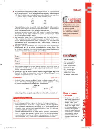 Santillana
59
Unpasoadelante
➤ Diga palabras que contengan el sonido b en cualquier posición. Se aceptarán también
las que se escriben con v, ya que se trata únicamente de discernir el sonido. Escriba
en la pizarra las palabras propuestas por los alumnos, en dos columnas según lleven
b o v, e insistir en que el sonido b se puede escribir con ambas letras:
b v
burro vaso
barco avión
bebé oveja
➤ Proponga a los alumnos un concurso de trabalenguas. Para ello, elabore oraciones
difíciles de pronunciar por su abundancia de erres. Por ejemplo: La rana Ramona lava
la ropa. Rita Larra está ronca. El rosal de Renata tiene rosas rojas.
Los alumnos se sentarán en una ronda y cada uno dirá una oración. Su compañero
pronunciará la siguiente. Deben intentar no equivocarse. Cuando se hayan acabado
las oraciones, vuelve a empezar la serie.
➤ Diga palabras que tengan el sonido r suave (papelera, farol, coro, cariño, lapicero…)
y otras que tengan el sonido r fuerte (borrador, pizarra, carro, perro, sierra…). A con-
tinuación, trabaje la discriminación de ambos sonidos y pida a los niños que cuando
oigan la r fuerte den un golpe fuerte en la mesa y cuando oigan la r suave, den un
golpe suave en la mesa.
➤ Proponga un concurso consistente en decir el mayor número posible de palabras que
empiecen por ra, re, ri, ro, ru. Para ello, dividir a los alumnos en varios grupos y asig-
nar un número a cada grupo. A continuación, dibuje en la pizarra una tabla y anote con
una cruz cada respuesta válida en la casilla correspondiente:
ra re ri ro ru
Grupo 1
Grupo 2
Grupo 3
Grupo 4
➤ Diga en voz alta los siguientes pares de palabras y pida a los alumnos que repitan las
que contienen el sonido k (ca, co, cu, que, qui): queso,-peso; Paco-poco; coco-polo;
pico-pito; como-tomo; cana-lana.
➤ Al presentar la letra qu, destaque que sólo aparece en las sílabas que, qui, porque
el resto de las sílabas con ese sonido se escriben con c. Recuérdeles que la letra q
siempre va acompañadas de una u, que no suena.
Escribimos más (págs. 110-111)
➤ Escriba en la pizarra la pregunta ¿Qué es? Debajo, escriba las estructuras Es un… y
Es una… Pida a los alumnos que digan palabras que nombren a personas o a anima-
les y escriba esas palabras junto a la estructura correspondiente.
¿Qué es?
abuelo gata
Es un… Es una…
Explíqueles que todas esas palabras que ellos mismos han dicho son sustantivos. BANCO DE PALABRAS
Y ORACIONES
• Banquete, barco, batidora,
beso, boca, bolso, bosque,
cubo, bombón, borrador,
vaquero, cueva, calvo,
ventilador, verano, vacante,
betún, voto, violeta, barba.
• En la fiesta de Quique comí
caramelos. Mi papá me
cuenta un cuento antes de
acostarme. Los canelones
están calientes. Ana se
quemó el dedo con la
comida. El pirata pintó la
calavera.
UNIDAD 5
El sonido r
Si el niño tuviera alguna dificultad en pronunciar el sonido /r/, se sugiere lo siguiente:
1. Realizar ejercicios para dar movilidad a la lengua: doblar la punta de la lengua hacia
arriba, hacia abajo, tocar los incisivos, los molares, unir los bordes de la lengua, dar
chasquidos, chocar la punta de la lengua entre los labios y hacer vibrar la lengua,
pronunciar rápidamente tele, tele, tele, etc.
2. Proponer a los niños que simulen una carrera de motos, imitando el sonido del motor
(rrrrrr…..). Harán el gesto de poner el motor en marcha. Para hacer variado el juego
conviene dar órdenes sucesivas como: ¡Paren motores! ¡Arranquen! Los niños deben,
según corresponda, parar y guardar silencio o marchar haciendo el sonido rrrrrr…..
PREVISIÓN DE DIFICULTADES
Rima del sonido r
Espera, espera, lorito,
no te vayas al Perú.
Espera, espera, bonito,
loro verde, loro azul.
No te vayas por el mar
en este barco velero
para buscar un tesoro.
¡No te vayas, que te quiero!
Con rriittmmoo
Explique a los alumnos que en
las actividades de grupo como
la lectura en cadena,
la dramatización… es preciso
que pongan todo su interés y
esfuerzo para lograr buenos
resultados.
Hábitos de
EST UDIO
057_064U05L1G.indd 59057_064U05L1G.indd 59 2/17/06 9:29:06 AM2/17/06 9:29:06 AM
 