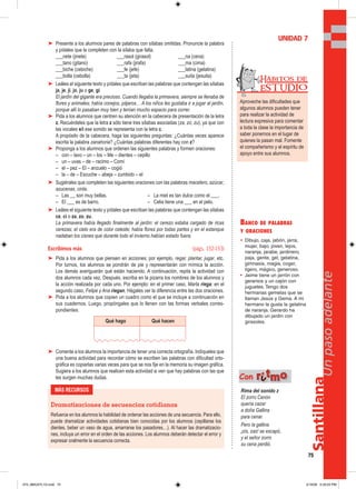 Santillana
75
Unpasoadelante
➤ Presente a los alumnos pares de palabras con sílabas omitidas. Pronuncie la palabra
y pídales que la completen con la sílaba que falta.
___nete (jinete) ___rasol (girasol) ___na (cena)
___tano (gitano) ___rafa (jirafa) ___ma (cima)
___biche (cebiche) ___fe (jefe) ___latina (gelatina)
___bolla (cebolla) ___ta (jeta) ___suita (jesuita)
➤ Leáles el siguiente texto y pídales que escriban las palabras que contengan las sílabas
ja, je, ji, jo, ju o ge, gi.
El jardín del gigante era precioso. Cuando llegaba la primavera, siempre se llenaba de
flores y animales; había conejos, pájaros… A los niños les gustaba ir a jugar al jardín,
porque allí lo pasaban muy bien y tenían mucho espacio para correr.
➤ Pida a los alumnos que centren su atención en la cabecera de presentación de la letra
z. Recuérdeles que la letra z sólo tiene tres sílabas asociadas (za, zo, zu), ya que con
las vocales e/i ese sonido se representa con la letra c.
A propósito de la cabecera, haga las siguientes preguntas: ¿Cuántas veces aparece
escrita la palabra zanahoria? ¿Cuántas palabras diferentes hay con z?
➤ Proponga a los alumnos que ordenen las siguientes palabras y formen oraciones:
– con – lavo – un – los – Me – dientes – cepillo
– un – uvas – de – racimo – Comí
– el – pez – El – anzuelo – cogió
– la – de – Escuche – abeja – zumbido – el
➤ Sugiérales que completen las siguientes oraciones con las palabras macetero, azúcar,
azucenas, cinta.
– Las __ son muy bellas. – La miel es tan dulce como el ___.
– El ___ es de barro. – Celia tiene una ___ en el pelo.
➤ Leáles el siguiente texto y pídales que escriban las palabras que contengan las sílabas
ce, ci o za, zo, zu.
La primavera había llegado finalmente al jardín: el cerezo estaba cargado de ricas
cerezas; el cielo era de color celeste; había flores por todas partes y en el estanque
nadaban los cisnes que durante todo el invierno habían estado fuera.
Escribimos más (págs. 152-153)
➤ Pida a los alumnos que piensen en acciones; por ejemplo, regar, plantar, jugar, etc.
Por turnos, los alumnos se pondrán de pie y representarán con mímica la acción.
Los demás averiguarán qué están haciendo. A continuación, repita la actividad con
dos alumnos cada vez. Después, escriba en la pizarra los nombres de los alumnos y
la acción realizada por cada uno. Por ejemplo: en el primer caso, Marta riega; en el
segundo caso, Felipe y Ana riegan. Hágales ver la diferencia entre las dos oraciones.
➤ Pida a los alumnos que copien un cuadro como el que se incluye a continuación en
sus cuadernos. Luego, propóngales que lo llenen con las formas verbales corres-
pondientes:
➤ Comente a los alumnos la importancia de tener una correcta ortografía. Indíqueles que
una buena actividad para recordar cómo se escriben las palabras con dificultad orto-
gráfica es copiarlas varias veces para que se nos fije en la memoria su imagen gráfica.
Sugiera a los alumnos que realicen esta actividad si ven que hay palabras con las que
les surgen muchas dudas.
BANCO DE PALABRAS
Y ORACIONES
• Dibujo, caja, jabón, jarra,
mujer, bajo, joven, lejos,
naranja, jarabe, jardinero,
paja, gente, gel, gelatina,
gimnasia, magia, coger,
ligero, mágico, generoso.
• Jaime tiene un jarrón con
geranios y un cajón con
juguetes. Tengo dos
hermanas gemelas que se
llaman Jesús y Gema. A mi
hermano le gusta la gelatina
de naranja. Gerardo ha
dibujado un jardín con
girasoles.
UNIDAD 7
MÁS RECURSOS
Dramatizaciones de secuencias cotidianas
Refuerce en los alumnos la habilidad de ordenar las acciones de una secuencia. Para ello,
puede dramatizar actividades cotidianas bien conocidas por los alumnos (cepillarse los
dientes, beber un vaso de agua, amarrarse los pasadores…). Al hacer las dramatizacio-
nes, incluya un error en el orden de las acciones. Los alumnos deberán detectar el error y
expresar oralmente la secuencia correcta.
Aproveche las dificultades que
algunos alumnos pueden tener
para realizar la actividad de
lectura expresiva para comentar
a toda la clase la importancia de
saber ponernos en el lugar de
quienes la pasan mal. Fomente
el compañerismo y el espíritu de
apoyo entre sus alumnos.
Hábitos de
EST UDIO
Qué hago Qué hacen
Rima del sonido z
El zorro Cenón
quería cazar
a doña Gallina
para cenar.
Pero la gallina
¡zis, zas! se escapó,
y el señor zorro
su cena perdió.
Con rriittmmoo
073_080U07L1G.indd 75073_080U07L1G.indd 75 2/16/06 5:33:25 PM2/16/06 5:33:25 PM
 