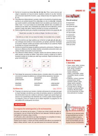 Santillana
99
Unpasoadelante
➤ Escriba en la pizarra las sílabas bla, ble, bli, blo, blu. Pida a varios alumnos que
salgan a repasarlas con tizas de colores. Ayúdelos a leerlas en voz alta, haciendo
que pronuncien claramente el sonido. Luego, trabaje el trazo de la ligadura entre la
b y la l.
➤ Para diferenciar sílabas abiertas y cerradas, realice con los alumnos el siguiente juego:
escriba en una cartulina tamaño A4 la sílaba bra y en otra, la sílaba bar. Indíqueles
que cuando enseñe la cartulina bra, deberán decir una palabra que empiece por esa
sílaba: brazo. Y si la que muestra es la cartulina bar, deberán decir una palabra que
empiece por esa sílaba: barco. Muéstreles las cartulinas de forma alternativa, primero
despacio y luego más rápido. Repita la actividad con el grupo consonántico bl.
➤ Dicte los siguientes textos para comprobar el aprendizaje correcto de los grupos br y bl:
Braulio tiene una cabra. Su nombre es Brígida. Vive libre en el campo.
Ese árbol es un roble. Con sus ramas hice tablas. Con las tablas hice un mueble.
➤ Pida a los alumnos que digan palabras que comiencen por pra, pre, pri, pro, pru y
que contengan esos sonidos en otras posiciones, por ejemplo, exprimidor. Escríbalas
en la pizarra. Después, pídales que escriban cuatro de ellas en sus cuadernos. Repita
la actividad con el grupo consonántico pl.
➤ Escriba en la pizarra las parejas de palabras prado/pardo y plomo/polvo. Explique a los
alumnos la diferencia entre las sílabas abiertas (consonante-consonante-vocal) y las
sílabas cerradas (consonante-vocal-consonante).
➤ Para diferenciar sílabas abiertas y cerradas, reparta a los alumnos tarjetas en las que
estén escritas una pareja de sílabas. Cada alumno cortará su tarjeta por la mitad y
levantará la tarjeta con la sílaba que usted haya nombrado. Repita la actividad con el
grupo consonántico pl.
➤ Para trabajar las oposiciones de sílabas abiertas y cerradas vistas en la unidad, dicte
a los alumnos parejas de palabras que contengan dichas oposiciones. Ejemplos:
prado/parque playa/palmera precio/perla
profesor/portero plomo/polvo pleno/pelma
tabla/balde obrero/Roberto cable/cascabel
obra/barba brillo/subir establo/árbol
Escribimos más (págs. 200-201)
➤ Proponga a los alumnos que inventen y escriban adivinanzas de animales para jugar
en clase. Aconseje a los alumnos que, antes de escribirlas, piensen en características
del animal sobre el que van a realizar su adivinanza. Sugiera que cuando tengan que
pensar en las características más relevantes de un animal, pueden intentar responder
a la pregunta ¿Cómo es? Insista en que no deben responder a la pregunta con una
sola palabra sino construyendo una oración.
BANCO DE PALABRAS
Y ORACIONES
• Cabra, cebra, liebre, hombre,
bruja, sombrero, brillante,
obra, abrigo, equilibrio,
brocha, culebra; tabla
tableta, biblioteca,
público, confortable, visible,
comestible, blando, amable,
establo.
• Preferido, compra, precioso,
impresionante, ciprés,
apretado; plantas, playa,
coplas, plomo, planear,
planeta, simple, plancha.
• La bruja tiene un abrigo
bordado. La bolsa de Pablo
es blanca. Mi primo Pepe
es muy presumido. El pulpo
toma pescado en la playa.
UNIDAD 10
Rima del sonido pl
El emplumador
hace plumeros
con plumas de plata.
Al emplumador
la Luna lo mira
con ojos de gata.
Al emplumador
el viento le sopla
aromas de nata.
Y el emplumador,
pluma que pluma,
canta que canta.
Con rriittmmoo
MÁS RECURSOS
Los signos de interrogación y de exclamación
Recuerde a los alumnos que los signos ¿ ? indican que el texto incluido entre ellos es
una pregunta y que por lo tanto hay que leerlo en tono adecuado. Escriba los signos de
interrogación en la pizarra y diga su nombre.
A continuación, pida a cada alumno que haga una pregunta a su compañero de mesa y
que después la escriba sin olvidar los signos de interrogación.
Explique que los signos ¡ ! indican que el texto contenido entre ellos es una expresión de
alegría, tristeza, asombro, miedo, etc y que debe leerse con la entonación adecuada.
pra par pre per
pri pir pro por
pru pur
Converse con los alumnos sobre
la responsabilidad que se tiene
cuando se trabaja en grupo y
la necesidad de cumplir con las
tareas encomendadas para que
el grupo funcione correctamente.
Hábitos de
EST UDIO
097_104U10L1G.indd 99097_104U10L1G.indd 99 2/16/06 5:34:52 PM2/16/06 5:34:52 PM
 