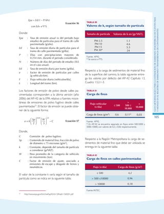 GuIametodolOgicaparalaestimaciOndeemisionesatmosfEricasdefuentesfijas
ymOvilesenelRegistrodeEmisionesyTransferenciadeContaminantes
105
Epa = Ed(1 – P/4N)
con Ed= e*F*L
Ecuación 36
Donde:
Epa : 	 Tasa de emisión anual (o del período bajo
estudio) de partículas para el tramo de calle
pavimentada [g/año].
Ed : 	 Tasa de emisión diaria de partículas para el
tramo de calle pavimentada [g/día].
P : 	Días con precipitaciones mayores de
0.254 mm. durante el periodo considerado.
N : 	Número de días del periodo de estudio (365
en el caso anual).
Ed : 	 Tasa de emisión diaria por tramo [g/día].
e : 	Factor de emisión de partículas por calles
[g vehículo-km].
F : 	Flujo vehicular diario [vehículos/día].
L : 	Longitud del tramo [km].
Los factores de emisión de polvo desde calles pa-
vimentadas corresponden a la última versión (año
2006) del AP-42 de la EPA relativo a fuentes misce-
láneas de emisiones de polvo fugitivo desde calles
pavimentadas21. El factor de emisión se puede obte-
ner de la siguiente forma:
e k
Sp W
C=







 −
2 3
0 65 1 5, ,
Ecuación 37
Donde,
C Comisión de polvo fugitivo.
Sp : Contenido de material fino, fracción de polvo
de diámetro ≤ 75 micrones [g/m2].
k : Constante, depende del tamaño de partícula
a considerar [gr/VKT].
W : Peso promedio de la categoría de vehículo
en movimiento [ton].
C : Factor de emisión de ajuste, asociado a
emisiones de escape y desgaste de frenos y
neumáticos.
El valor de la constante k varía según el tamaño de
partícula como se indica en la siguiente tabla:
21	 http://www.epa.gov/ttn/chief/ap42/ch13/final/c13s0201.pdf
Tabla 80
Valores de k, según tamaño de partícula
Tamaño de partícula Valores de k en [gr/VKT].
PM 2.5
PM 10
PM 15
PM 30*
1.1
4.6
5.5
24
Fuente: AP42.
* Se asocia a PTS.
Respecto a la carga de sedimentos de material fino
de la superficie del camino, la tabla siguiente entre-
ga los valores por defecto del AP-42 Capítulo 13,
Cuadro 13.2.1-3.
Tabla 81
Carga de finos
Flujo vehicular
(v/día)
≤ 500

500 ≤
10.000

10.000
Carga de finos (g/m2) 0,6 0,11* 0,03
Fuente: AP42.
* En AP-42 se encuentra separado en flujos entre 500-5000 y
5000-10000, con valores de 0,2 y 0,06 respectivamente.
Respecto a la Región Metropolitana la carga de se-
dimentos de material fino que debe ser utilizada se
entrega en la siguiente tabla:
Tabla 82
Carga de finos en calles pavimentadas
Flujo (v/día) Carga de finos (g/m2)
≤ 500 4,2
 500 ≤10000 0,96
 10000 0,18
Fuente: INTEC.
 
