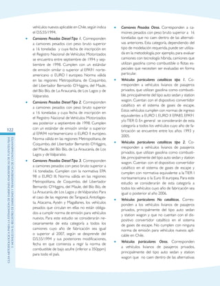GuIametodolOgicaparalaestimaciOndeemisionesatmosfEricasdefuentesfijas
ymOvilesenelRegistrodeEmisionesyTransferenciadeContaminantes
122
vehículos nuevos aplicable en Chile,según indica
el D.S.55/1994.
•	 Camiones Pesados Diesel Tipo 1. Corresponden
a camiones pesados con peso bruto superior
a 16 toneladas y cuya fecha de inscripción en
el Registro Nacional de Vehículos Motorizados
se encuentra entre septiembre de 1994 y sep-
tiembre de 1998. Cumplen con un estándar
de emisión similar o superior al EPA91 norte-
americano o EURO I europeo. Norma válida
en las regiones: Metropolitana, de Coquimbo,
del Libertador Bernardo O’Higgins, del Maule,
del Bío Bío, de La Araucanía, de Los Lagos y de
Valparaíso.
•	 Camiones Pesados Diesel Tipo 2. Corresponden
a camiones pesados con peso bruto superior
a 16 toneladas y cuya fecha de inscripción en
el Registro Nacional de Vehículos Motorizados
sea posterior a septiembre de 1998. Cumplen
con un estándar de emisión similar o superior
al EPA94 norteamericano o EURO II europeo.
Norma válida en las regiones: Metropolitana, de
Coquimbo, del Libertador Bernardo O’Higgins,
del Maule, del Bío Bío, de La Araucanía, de Los
Lagos y deValparaíso.
•	 Camiones Pesados Diesel Tipo 3. Corresponden
a camiones pesados con peso bruto superior a
16 toneladas. Cumplen con la normativa EPA
98 o EURO III. Norma válida en las regiones:
Metropolitana, de Coquimbo, del Libertador
Bernardo O’Higgins, del Maule, del Bío Bío, de
La Araucanía, de Los Lagos y deValparaíso. Para
el caso de las regiones de:Tarapacá, Antofagas-
ta, Atacama, Aysén y Magallanes, los vehículos
pesados que circulan en ellas no están obliga-
dos a cumplir norma de emisión para vehículos
nuevos. Para este estudio se considerarán ne-
cesariamente de esta categoría a todos los
camiones cuyo año de fabricación sea igual
o superior al 2007, según se desprende del
D.S.55/1994 y sus posteriores modificaciones,
fecha en que comienza a regir la norma de
combustible de bajo azufre (inferior a 350ppm)
para todo el país.
•	 Camiones Pesados Otros. Corresponden a ca-
miones pesados con peso bruto superior a 16
toneladas que no caen dentro de las alternati-
vas anteriores. Esta categoría, dependiendo del
tipo de modelación requerida,puede ser utiliza-
da en la metodología, por ejemplo, para evaluar
camiones con tecnología híbrida, camiones que
utilizan gasolina como combustible o flotas es-
peciales que necesiten ser evaluadas en forma
particular.
•	 Vehículos particulares catalíticos tipo 1. Co-
rresponden a vehículos livianos de pasajeros
privados, que utilizan gasolina como combusti-
ble,principalmente del tipo auto sedan y station
wagon. Cuentan con el dispositivo convertidor
catalítico en el sistema de gases de escape.
Estos vehículos cumplen con normas de ingreso
equivalentes a EURO I, EURO II EPA83, EPA91
y/o TIER 0. En general se considerarán de esta
categoría a todos los vehículos cuyo año de fa-
bricación se encuentre entre los años 1993 y
2005.
•	 Vehículos particulares catalíticos tipo 2. Co-
rresponden a vehículos livianos de pasajeros
privados, que utilizan gasolina como combusti-
ble,principalmente del tipo auto sedan y station
wagon. Cuentan con el dispositivo convertidor
catalítico en el sistema de gases de escape y
cumplen con normativa equivalente a la TIER I
norteamericana o la Euro III europea. Para este
estudio se considerarán de esta categoría a
todos los vehículos cuyo año de fabricación sea
igual o posterior al año 2006.
•	 Vehículos particulares No catalíticos. Corres-
ponden a los vehículos livianos de pasajeros
privados, principalmente del tipo auto sedan
y station wagon y que no cuentan con el dis-
positivo convertidor catalítico en el sistema
de gases de escape. No cumplen con ninguna
norma de emisión para vehículos nuevos apli-
cable en Chile.
•	 Vehículos particulares Otros. Corresponden
a vehículos livianos de pasajeros privados,
principalmente del tipo auto sedan y station
wagon que no caen dentro de las alternativas
 