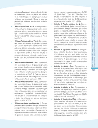 GuIametodolOgicaparalaestimaciOndeemisionesatmosfEricasdefuentesfijas
ymOvilesenelRegistrodeEmisionesyTransferenciadeContaminantes
123
anteriores. Esta categoría, dependiendo del tipo
de modelación requerida, puede ser utilizada
en la metodología, por ejemplo, para evaluar
vehículos con tecnología híbrida o flotas es-
peciales que necesiten ser evaluadas en forma
particular.
•	 Vehículos Particulares a Gas. Corresponden a
vehículos livianos de pasajeros privados, princi-
palmente del tipo auto sedan y station wagon
que utilizan como combustible Gas Natural
Comprimido (GNC) o Gas Licuado de Petró-
leo (GLP).
•	 Vehículos Particulares Diesel Tipo 1. Correspon-
den a vehículos livianos de pasajeros privados,
que utilizan diesel como combustible, princi-
palmente del tipo auto sedan y station wagon.
Estos vehículos cumplen con normas de ingre-
so equivalentes a TIER 0. Para este estudio se
considerarán de esta categoría a todos los ve-
hículos cuyo año de fabricación sea anterior al
2005.
•	 Vehículos Particulares Diesel Tipo 2. Correspon-
den a vehículos livianos de pasajeros privados,
que utilizan diesel como combustible, princi-
palmente del tipo auto sedan y station wagon.
Estos vehículos cumplen con normas de ingre-
so equivalentes a EURO III. Para este estudio
se considerarán de esta categoría a todos los
vehículos con año de fabricación 2005.
•	 Vehículos Particulares Diesel Tipo 3. Correspon-
den a vehículos livianos de pasajeros privados,
que utilizan diesel como combustible, princi-
palmente del tipo auto sedan y station wagon.
Estos vehículos cumplen con normas de ingreso
equivalentes a EPA 94,TIER I y/o EURO IV. Para
este estudio se considerarán de esta categoría
a todos los vehículos con año de fabricación
igual o superior al 2006.
•	 Vehículos de Alquiler catalíticos tipo 1. Corres-
ponden a vehículos de alquiler tipo taxis básicos,
principalmente del tipo auto sedan, que utilizan
gasolina como combustible. Cuentan con el
dispositivo convertidor catalítico en el sistema
de gases de escape. Estos vehículos cumplen
con normas de ingreso equivalentes a EURO
I, EURO II EPA83, EPA91 y/o TIER 0. Para este
estudio se considerarán de esta categoría a
todos los vehículos cuyo año de fabricación se
encuentre entre los años 1993 y 2005.
•	 Vehículos de Alquiler catalíticos tipo 2. Corres-
ponden a vehículos de alquiler tipo taxis básicos,
principalmente del tipo auto sedan, que utilizan
gasolina como combustible. Cuentan con el dis-
positivo convertidor catalítico en el sistema de
gases de escape y cumplen con normativa equi-
valente a la TIER I norteamericana o la Euro
III europea. Para este estudio se considerarán
de esta categoría a todos los vehículos cuyo
año de fabricación sea igual o posterior al año
2006.
•	 Vehículos de Alquiler No catalíticos. Correspon-
den a vehículos de alquiler tipo taxis básicos,
principalmente del tipo auto sedan que no
cuentan con el dispositivo convertidor catalítico
en el sistema de gases de escape. No cumplen
con ninguna norma de emisión para vehículos
nuevos aplicable en Chile.
•	 Vehículos de Alquiler Otros. Corresponden a
vehículos de alquiler tipo taxis básicos,principal-
mente del tipo auto sedan que no caen dentro
de las alternativas anteriores. Esta categoría,
dependiendo del tipo de modelación requeri-
da, puede ser utilizada en la metodología, por
ejemplo, para evaluar vehículos con tecnología
híbrida o flotas especiales que necesiten ser
evaluadas en forma particular.
•	 Vehículos de Alquiler a Gas. Corresponden a
vehículos de alquiler tipo taxis básicos, princi-
palmente del tipo auto sedan,que utilizan como
combustible Gas Natural Comprimido (GNC)
o Gas Licuado de Petróleo (GLP).
•	 Vehículos de Alquiler Diesel Tipo 1. Correspon-
den a vehículos de alquiler tipo taxis básicos,
principalmente del tipo auto sedan, que utili-
zan diesel como combustible. Estos vehículos
cumplen con normas de ingreso equivalentes
a TIER 0. Para este estudio se considerarán de
esta categoría a todos los vehículos cuyo año
de fabricación sea anterior al 2005.
 