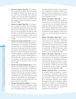GuIametodolOgicaparalaestimaciOndeemisionesatmosfEricasdefuentesfijas
ymOvilesenelRegistrodeEmisionesyTransferenciadeContaminantes
124
•	 Vehículos de Alquiler Diesel Tipo 2. Correspon-
den a vehículos de alquiler tipo taxis básicos,
principalmente del tipo auto sedan, que utili-
zan diesel como combustible. Estos vehículos
cumplen con normas de ingreso equivalentes a
EURO III. Para este estudio se considerarán de
esta categoría a todos los vehículos con año de
fabricación 2005.
•	 Vehículos de Alquiler Diesel Tipo 3. Correspon-
den a vehículos de alquiler tipo taxis básicos,
principalmente del tipo auto sedan, que utilizan
diesel como combustible. Estos vehículos cum-
plen con normas de ingreso equivalentes a EPA
94, TIER I y/o EURO IV. Para este estudio se
considerarán de esta categoría a todos los ve-
hículos con año de fabricación igual o superior
al 2006.
•	 Vehículos Comerciales CatalíticosTipo 1. Corres-
ponden a los vehículos livianos de pasajeros o
carga liviana, de uso particular o comerciales y
que funcionan con combustible gasolina, prin-
cipalmente del tipo jeep, camioneta o furgón y
que cuentan con el dispositivo convertidor ca-
talítico en el sistema de gases de escape. Estos
vehículos cumplen con normas de ingreso equi-
valentes a EURO I, EURO II EPA83, EPA91 y/o
TIER 0. Para este estudio se considerarán de
esta categoría a todos los vehículos cuyo año
de fabricación se encuentre entre los años
1993 y 2005.
•	 Vehículos Comerciales CatalíticosTipo 2. Corres-
ponden a los vehículos livianos de pasajeros o
carga liviana, de uso particular o comerciales y
que funcionan con combustible gasolina, prin-
cipalmente del tipo jeep, camioneta o furgón y
cumplen con normativa equivalente a la TIER I
norteamericana o la Euro III europea. Para este
estudio se considerarán de esta categoría a
todos los vehículos cuyo año de fabricación sea
igual o posterior al año 2006.
•	 Vehículos Comerciales No catalíticos. Correspon-
den a los vehículos livianos de pasajeros o carga
liviana, privados o comerciales y que funcionan
con combustible gasolina, principalmente del
tipo jeep, camioneta o furgón y que no cuentan
con el dispositivo convertidor catalítico en el
sistema de gases de escape. Estos no cumplen
con ninguna norma de emisión para vehículos
nuevos aplicable en Chile.
•	 Vehículos Comerciales Diesel Tipo 1. Corres-
ponden a los vehículos livianos de pasajeros o
carga liviana, de uso particular o comerciales
y que funcionan con combustible diesel, prin-
cipalmente del tipo jeep, camioneta o furgón.
Estos vehículos cumplen con normas de ingre-
so equivalentes a TIER 0. Para este estudio se
considerarán de esta categoría a todos los ve-
hículos cuyo año de fabricación sea anterior al
2005.
•	 Vehículos Comerciales Diesel Tipo 2. Corres-
ponden a los vehículos livianos de pasajeros o
carga liviana, de uso particular o comerciales
y que funcionan con combustible diesel, prin-
cipalmente del tipo jeep, camioneta o furgón.
Estos vehículos cumplen con normas de ingre-
so equivalentes a EURO III. Para este estudio
se considerarán de esta categoría a todos los
vehículos con año de fabricación 2005.
•	 Vehículos Comerciales Diesel Tipo 3. Corres-
ponden a los vehículos livianos de pasajeros o
carga liviana, de uso particular o comerciales
y que funcionan con combustible diesel, prin-
cipalmente del tipo jeep, camioneta o furgón.
Estos vehículos cumplen con normas de ingre-
so equivalentes a EURO III. Para este estudio
se considerarán de esta categoría a todos los
vehículos con año de fabricación 2005.
•	 Vehículos Comerciales Otros. Corresponden a
los vehículos livianos de pasajeros o carga li-
viana, privados o comerciales y que funcionan
con combustible diesel, principalmente del tipo
jeep, camioneta o furgón que no caen dentro
de las alternativas anteriores. Esta categoría,
dependiendo del tipo de modelación requeri-
da, puede ser utilizada en la metodología, por
ejemplo, para evaluar vehículos con tecnología
híbrida o flotas especiales que necesiten ser
evaluadas en forma particular.
 