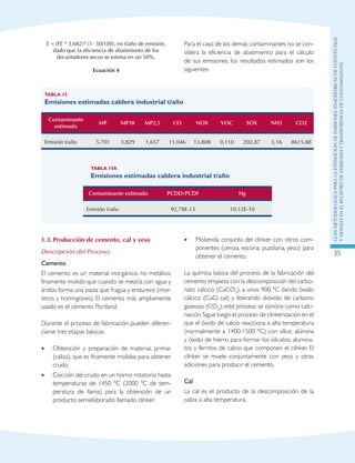 GuIametodolOgicaparalaestimaciOndeemisionesatmosfEricasdefuentesfijas
ymOvilesenelRegistrodeEmisionesyTransferenciadeContaminantes
35
E = (FE * 3.682)* (1- 50/100), en t/año de emisión,
dado que la eficiencia de abatimiento de los
decantadores secos se estima en un 50%.
Ecuación 4
Para el caso de los demás contaminantes no se con-
sidera la eficiencia de abatimiento para el cálculo
de sus emisiones, los resultados estimados son los
siguientes:
Tabla 15
Emisiones estimadas caldera industrial t/año
Contaminante
estimado
MP MP10 MP2,5 CO NOX VOC SOX NH3 CO2
Emisión t/año 5,701 3,829 1,657 11,046 13,808 0,110 202,87 3,16 8615,88
Tabla 15a
Emisiones estimadas caldera industrial t/año
Contaminante estimado PCDD/PCDF Hg
Emisión t/año 92,78E-15 10,12E-10
1.3.	Producción de cemento, cal y yeso
Descripción del Proceso:
Cemento
El cemento es un material inorgánico, no metálico,
finamente molido que cuando se mezcla con agua y
áridos forma una pasta que fragua y endurece (mor-
teros y hormigones). El cemento más ampliamente
usado es el cemento Portland.
Durante el proceso de fabricación pueden diferen-
ciarse tres etapas básicas:
Obtención y preparación de materias primas••
(caliza), que es finamente molidas para obtener
crudo.
Cocción del crudo en un horno rotatorio hasta••
temperaturas de 1450 ºC (2000 ºC de tem-
peratura de llama) para la obtención de un
producto semielaborado llamado clínker.
Molienda conjunta del clínker con otros com-••
ponentes (ceniza, escoria, puzolana, yeso) para
obtener el cemento.
La química básica del proceso de la fabricación del
cemento empieza con la descomposición del carbo-
nato cálcico (CaCO3), a unos 900 ºC dando óxido
cálcico (CaO, cal) y liberando dióxido de carbono
gaseoso (CO2); este proceso se conoce como calci-
nación.Sigue luego el proceso de clinkerización en el
que el óxido de calcio reacciona a alta temperatura
(normalmente a 1400-1500 ºC) con sílice, alúmina
y óxido de hierro para formar los silicatos, alumina-
tos y ferritos de calcio que componen el clínker. El
clínker se muele conjuntamente con yeso y otras
adiciones para producir el cemento.
Cal
La cal es el producto de la descomposición de la
caliza a alta temperatura.
 