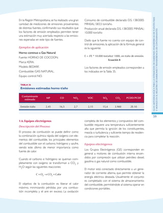 GuIametodolOgicaparalaestimaciOndeemisionesatmosfEricasdefuentesfijas
ymOvilesenelRegistrodeEmisionesyTransferenciadeContaminantes
59
En la Región Metropolitana, se ha realizado una gran
cantidad de mediciones de emisiones provenientes
de distintas fuentes, confirmando sus resultados que
los factores de emisión empleados permiten tener
una estimación muy acertada respecto a las emisio-
nes esperadas en este tipo de fuentes.
Ejemplos de aplicación
Horno continuo a Gas Natural
Fuente: HORNO DE COCCION.
Marca: KERA.
Modelo: BEDARF.
Combustible: GAS NATURAL.
Equipo control: NO.
Consumo de combustible declarado D.S. 138/2005
MINSAL: 583,5 ton/año.
Producción anual declarada D.S. 138/2005 MINSAL:
10.000 ton/año
Dado que la fuente no cuenta con equipo de con-
trol de emisiones, la aplicación de la fórmula general
es la siguiente:
E = (FE * 10.000 ton/año)/ 1000, en t/año de emisión.
Ecuación 8
Los factores de emisión empleados corresponden a
los indicados en laTabla 35.
Tabla 36
Emisiones estimadas horno t/año
Contaminante
estimado
MP CO NOX VOC SOX CO2 PCDD/PCDF
Emisión t/año 2,45 16,5 2,7 2,15 15,4 3.900 2E-10
1.6.	Equipos electrógenos
Descripción del Proceso
El proceso de combustión se puede definir como
la combinación química rápida del oxígeno con ele-
mentos del combustible, los principales elementos
del combustible son el carbono, hidrógeno y azufre,
siendo este último de menor importancia como
fuente de calor.
Cuando el carbono e hidrógeno se queman com-
pletamente con oxígeno se transforman a CO2 y
H2O según las siguientes reacciones:
C O CO Calor+ → +2 2
El objetivo de la combustión es liberar el calor
máximo, minimizando pérdidas por una combus-
tión incompleta y el aire en exceso. La oxidación
completa de los elementos y compuestos del com-
bustible requiere una temperatura suficientemente
alta que permita la ignición de los constituyentes,
mezcla o turbulencia y suficiente tiempo de residen-
cia para completar la reacción.
Equipos electrógenos
Los Grupos Electrógenos (GE) corresponden en
general a motores de combustión interna encen-
didos por compresión que utilizan petróleo diesel,
gasolina o gas natural como combustible.
El motor está conectado directamente a un gene-
rador de corriente alterna, que permite obtener la
energía eléctrica deseada. Usualmente el conjunto
es completado con el sistema de almacenamiento
del combustible, permitiéndole al sistema operar en
condiciones portátiles.
 