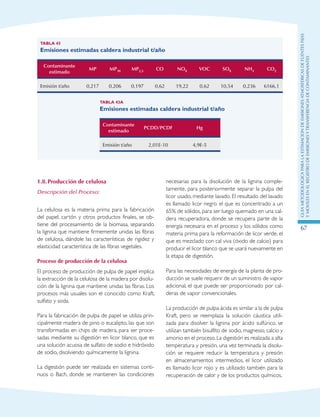 GuIametodolOgicaparalaestimaciOndeemisionesatmosfEricasdefuentesfijas
ymOvilesenelRegistrodeEmisionesyTransferenciadeContaminantes
67
1.8.	Producción de celulosa
Descripción del Proceso:
La celulosa es la materia prima para la fabricación
del papel, cartón y otros productos finales, se ob-
tiene del procesamiento de la biomasa, separando
la lignina que mantiene firmemente unidas las fibras
de celulosa, dándole las características de rigidez y
elasticidad característica de las fibras vegetales.
Proceso de producción de la celulosa
El proceso de producción de pulpa de papel implica
la extracción de la celulosa de la madera por disolu-
ción de la lignina que mantiene unidas las fibras. Los
procesos más usuales son el conocido como Kraft,
sulfato y soda.
Para la fabricación de pulpa de papel se utiliza prin-
cipalmente madera de pino o eucalipto, las que son
transformadas en chips de madera, para ser proce-
sadas mediante su digestión en licor blanco, que es
una solución acuosa de sulfato de sodio e hidróxido
de sodio, disolviendo químicamente la lignina.
La digestión puede ser realizada en sistemas conti-
nuos o Bach, donde se mantienen las condiciones
necesarias para la disolución de la lignina comple-
tamente, para posteriormente separar la pulpa del
licor usado, mediante lavado. El resultado del lavado
es llamado licor negro el que es concentrado a un
65% de sólidos, para ser luego quemado en una cal-
dera recuperadora, donde se recupera parte de la
energía necesaria en el proceso y los sólidos como
materia prima para la reformación de licor verde, el
que es mezclado con cal viva (óxido de calcio) para
producir el licor blanco que se usará nuevamente en
la etapa de digestión.
Para las necesidades de energía de la planta de pro-
ducción se suele requerir de un suministro de vapor
adicional, el que puede ser proporcionado por cal-
deras de vapor convencionales.
La producción de pulpa ácida es similar a la de pulpa
Kraft, pero se reemplaza la solución cáustica utili-
zada para disolver la lignina por ácido sulfúrico, se
utilizan también bisulfito de sodio, magnesio, calcio y
amonio en el proceso.La digestión es realizada a alta
temperatura y presión, una vez terminada la disolu-
ción se requiere reducir la temperatura y presión
en almacenamientos intermedios, el licor utilizado
es llamado licor rojo y es utilizado también para la
recuperación de calor y de los productos químicos.
Tabla 43
Emisiones estimadas caldera industrial t/año
Contaminante
estimado
MP MP10 MP2,5 CO NOX VOC SOX NH3 CO2
Emisión t/año 0,217 0,206 0,197 0,62 19,22 0,62 10,54 0,236 6166,1
Tabla 43A
Emisiones estimadas caldera industrial t/año
Contaminante
estimado
PCDD/PCDF Hg
Emisión t/año 2,01E-10 4,9E-5
 