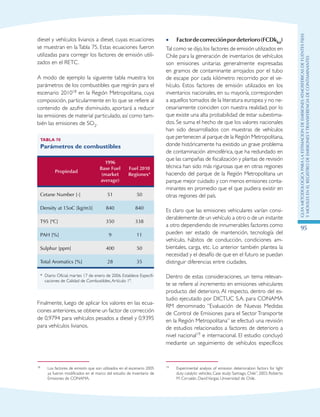 GuIametodolOgicaparalaestimaciOndeemisionesatmosfEricasdefuentesfijas
ymOvilesenelRegistrodeEmisionesyTransferenciadeContaminantes
95
diesel y vehículos livianos a diesel, cuyas ecuaciones
se muestran en la Tabla 75. Estas ecuaciones fueron
utilizadas para corregir los factores de emisión utili-
zados en el RETC.
A modo de ejemplo la siguiente tabla muestra los
parámetros de los combustibles que regirán para el
escenario 201018 en la Región Metropolitana, cuya
composición, particularmente en lo que se refiere al
contenido de azufre disminuido, aportará a reducir
las emisiones de material particulado, así como tam-
bién las emisiones de SO2.
Tabla 70
Parámetros de combustibles
Propiedad
1996
Base Fuel
(market
average)
Fuel 2010
Regiones*
Cetane Number [-] 51 50
Density at 15oC [kg/m3] 840 840
T95 [ºC] 350 338
PAH [%] 9 11
Sulphur [ppm] 400 50
Total Aromatics [%] 28 35
*	 Diario Oficial, martes 17 de enero de 2006. Establece Especifi-
caciones de Calidad de Combustibles,Artículo 1º.
Finalmente, luego de aplicar los valores en las ecua-
ciones anteriores,se obtiene un factor de corrección
de 0,9794 para vehículos pesados a diesel y 0,9395
para vehículos livianos.
18	 Los factores de emisión que son utilizados en el escenario 2005
ya fueron modificados en el marco del estudio de Inventario de
Emisiones de CONAMA.
Factordecorrecciónpordeterioro(FCDk•• ka)
Tal como se dijo,los factores de emisión utilizados en
Chile para la generación de inventarios de vehículos
son emisiones unitarias generalmente expresadas
en gramos de contaminante arrojados por el tubo
de escape por cada kilómetro recorrido por el ve-
hículo. Estos factores de emisión utilizados en los
inventarios nacionales, en su mayoría, corresponden
a aquellos tomados de la literatura europea y no ne-
cesariamente coinciden con nuestra realidad, por lo
que existe una alta probabilidad de estar subestima-
dos. Se suma el hecho de que los valores nacionales
han sido desarrollados con muestras de vehículos
que pertenecen al parque de la Región Metropolitana,
donde históricamente ha existido un grave problema
de contaminación atmosférica, que ha redundado en
que las campañas de fiscalización y plantas de revisión
técnica han sido más rigurosas que en otras regiones
haciendo del parque de la Región Metropolitana un
parque mejor cuidado y con menos emisiones conta-
minantes en promedio que el que pudiera existir en
otras regiones del país.
Es claro que las emisiones vehiculares varían consi-
derablemente de un vehículo a otro o de un instante
a otro dependiendo de innumerables factores como
pueden ser estado de mantención, tecnología del
vehículo, hábitos de conducción, condiciones am-
bientales, carga, etc. Lo anterior también plantea la
necesidad y el desafío de que en el futuro se puedan
distinguir diferencias entre ciudades.
Dentro de estas consideraciones, un tema relevan-
te se refiere al incremento en emisiones vehiculares
producto del deterioro. Al respecto, dentro del es-
tudio ejecutado por DICTUC S.A. para CONAMA
RM denominado “Evaluación de Nuevas Medidas
de Control de Emisiones para el Sector Transporte
en la Región Metropolitana” se efectuó una revisión
de estudios relacionados a factores de deterioro a
nivel nacional19 e internacional. El estudio concluyó
mediante un seguimiento de vehículos específicos
19	 Experimental analysis of emission deterioration factors for light
duty catalytic vehicles. Case study: Santiago, Chile”, 2003, Roberto
M. Corvalán, DavidVargas, Universidad de Chile.
 