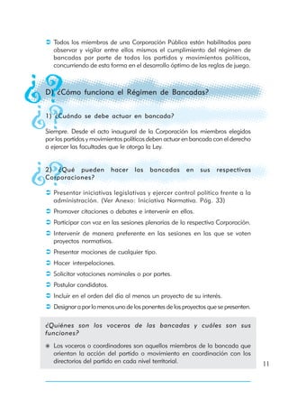 Todos los miembros de una Corporación Pública están habilitados para
   observar y vigilar entre ellos mismos el cumplimiento del régimen de
   bancadas por parte de todos los partidos y movimientos políticos,
   concurriendo de esta forma en el desarrollo óptimo de las reglas de juego.



D) ¿Cómo funciona el Régimen de Bancadas?


1) ¿Cuándo se debe actuar en bancada?

Siempre. Desde el acto inaugural de la Corporación los miembros elegidos
por los partidos y movimientos políticos deben actuar en bancada con el derecho
a ejercer las facultades que le otorga la Ley.


2) ¿Qué pueden            hacer    las   bancadas      en    sus   respectivas
Corporaciones?

   Presentar iniciativas legislativas y ejercer control político frente a la
   administración. (Ver Anexo: Iniciativa Normativa. Pág. 33)
   Promover citaciones o debates e intervenir en ellos.
   Participar con voz en las sesiones plenarias de la respectiva Corporación.
   Intervenir de manera preferente en las sesiones en las que se voten
   proyectos normativos.
   Presentar mociones de cualquier tipo.
   Hacer interpelaciones.
   Solicitar votaciones nominales o por partes.
   Postular candidatos.
   Incluir en el orden del día al menos un proyecto de su interés.
   Designar a por lo menos uno de los ponentes de los proyectos que se presenten.

¿Quiénes son los voceros de las bancadas y cuáles son sus
funciones?
   Los voceros o coordinadores son aquellos miembros de la bancada que
   orientan la acción del partido o movimiento en coordinación con los
   directorios del partido en cada nivel territorial.                               11
 