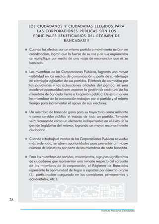 LOS CIUDADANOS Y CIUDADANAS ELEGIDOS PARA
         L AS CORPORACIONES PÚBLIC AS SON LOS
       PRINCIPALES BENEFICIARIOS DEL RÉGIMEN DE
                     B A N C A DA S ! ! !

     Cuando los electos por un mismo partido o movimiento actúan en
     coordinación, logran que la fuerza de su voz y de sus argumentos
     se multiplique por medio de una «caja de resonancia» que es su
     bancada.

     Los miembros de las Corporaciones Públicas, lograrán una mayor
     visibilidad en los medios de comunicación a partir de su liderazgo
     en el trabajo legislativo de sus partidos. El interés de los medios por
     las posiciones y las actuaciones oficiales del partido, es una
     excelente oportunidad para exponer la gestión de cada uno de los
     miembros de bancada frente a la opinión pública. De esta manera
     los miembros de la corporación trabajan por el partido y al mismo
     tiempo para incrementar el apoyo de sus electores.

     Un miembro de bancada gana para su trayectoria como militante
     y como servidor público el trabajo de todo un partido. También
     será reconocido como un elemento indispensable en el éxito de la
     gestión legislativa del mismo, logrando un mayor reconocimiento
     ciudadano.

     Cuando el trabajo al interior de las Corporaciones Públicas se vuelve
     más ordenado, se abren oportunidades para presentar un mayor
     número de iniciativas por parte de los miembros de cada bancada.

     Para los miembros de partidos, movimientos, o grupos significativos
     de ciudadanos que representen una minoría respecto del conjunto
     de los miembros de la corporación, el Régimen de Bancadas
     representa la oportunidad de llegar a espacios por derecho propio
     (Ej. participación asegurada en las comisiones permanentes y
     accidentales, etc.).




28

                                                        Instituto Nacional Demócrata
 