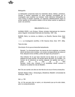 Bibliografía:

La bibliografía comprende todos los materiales (libros, folletos, periódicos,
revistas y fuentes registradas en otros soportes) consultadas por el
investigador para sustentar sus trabajos. Cada referencia bibliográfica se
inicia contra el margen izquierdo, se organizan alfabéticamente según el
primer apellido de los autores citados o de los títulos cuando no aparece el
autor o es anónimo.



                           BIBLIOGRAFÍA (4 cm.)

ALDANA ROZO, Luís Enrique. Octava Jornada internacional de derecho
penal. Bogotá: Universidad Externado de Colombia, 1987. 20p

BUNGE, Mario. La ciencia, su método y su filosofía. Buenos Aires: Ariel,
1970.                                                             120p

--------. La investigación científica. 2 ED. Buenos Aires: Ariel, 1971. 380p.

Tipos de citas:

Cita directa: Es la que se transcribe textualmente.

   Ejemplo: “La cita textual breve, de menos de cinco renglones, se inserta
   dentro del texto entre comillas, y el número correspondiente se coloca al
   final, después de las comillas y antes del signo de puntuación”1.

   Cita indirecta: Es la que hace mención de las ideas de un autor con
   palabras de quien escribe. Se escribe dentro del texto, sin comillas, y el
   número de la referencia se escribe después del apellido del autor y
   antes         de        su       citar        de          su         idea
   Ejemplo: Como dice Londoño 2, la mortalidad infantil conduce a
   empeorar la calidad de vida de Medellín.


Ibid: Se usa cuando una obra se cita más de una vez en forma consecutiva.

Ejemplo: Botero Uribe J. Ginecología y Obstetricia. Medellín: Universidad de
Antioquia; 1989. p. 15


ibid., p. 150

Op. cit: Se usa para citar un autor y un documento que ya ha sido citado,
pero no consecutivamente.
 