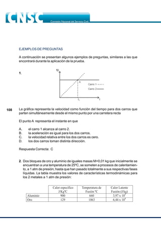 108
EJEMPLOS DE PREGUNTAS
A continuación se presentan algunos ejemplos de preguntas, similares a las que
encontrará durante la aplicación de la prueba.
1.
La gráfica representa la velocidad como función del tiempo para dos carros que
parten simultáneamente desde el mismo punto por una carretera recta
El punto A representa el instante en que
A. el carro 1 alcanza al carro 2.
B. la aceleración es igual para los dos carros.
C. la velocidad relativa entre los dos carros es cero.
D. los dos carros toman distinta dirección.
Respuesta Correcta: C
2. Dos bloques de oro y aluminio de iguales masas M=0,01 kg que inicialmente se
encuentran a una temperatura de 25ºC, se someten a procesos de calentamien-
to, a 1 atm de presión; hasta que han pasado totalmente a sus respectivas fases
líquidas. La tabla muestra los valores de características termodinámicas para
los 2 metales a 1 atm de presión:
Calor específico
J/KgºC
Temperatura de
Fusión ºC
Calor Latente
Fusión (J/kg)
Aluminio 900 660 3,97 x 105
Oro 129 1063 6,44 x 104
 