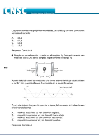 110
Los puntos donde se superponen dos crestas, una cresta y un valle, y dos valles
son respectivamente
A. 3,8,9
B. 4,7,1
C. 5,9,6
D. 1,8,2
Respuesta Correcta: A
4. Dos placas paralelas están conectadas a los cables 1 y 2 respectivamente y en
medio se coloca una esfera cargada negativamente con carga -Q
A partir de to los cables se conectan a una fuente alterna de voltaje cuya salida en
el punto 1 con respecto al punto 2 se muestra en la siguiente gráfica
En el instante justo después de conectar la fuente, la fuerza neta sobre la esfera es
proporcional al campo
A. eléctrico asociado a Vo y en dirección negativa.
B. magnético asociado a Vo y en dirección hacia abajo.
C. eléctrico asociado a Vo y en dirección hacia arriba.
D. magnético asociado a Vo y en dirección positiva.
Respuesta Correcta: A
 