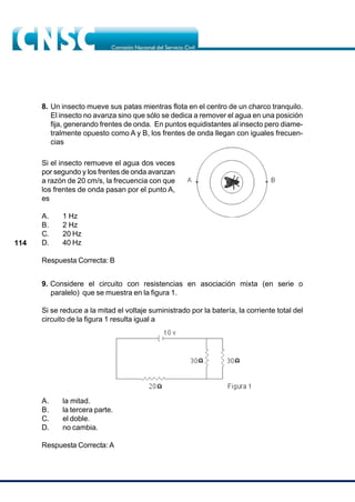 114
8. Un insecto mueve sus patas mientras flota en el centro de un charco tranquilo.
El insecto no avanza sino que sólo se dedica a remover el agua en una posición
fija, generando frentes de onda. En puntos equidistantes al insecto pero diame-
tralmente opuesto como A y B, los frentes de onda llegan con iguales frecuen-
cias
Si el insecto remueve el agua dos veces
por segundo y los frentes de onda avanzan
a razón de 20 cm/s, la frecuencia con que
los frentes de onda pasan por el punto A,
es
A. 1 Hz
B. 2 Hz
C. 20 Hz
D. 40 Hz
Respuesta Correcta: B
9. Considere el circuito con resistencias en asociación mixta (en serie o
paralelo) que se muestra en la figura 1.
Si se reduce a la mitad el voltaje suministrado por la batería, la corriente total del
circuito de la figura 1 resulta igual a
A. la mitad.
B. la tercera parte.
C. el doble.
D. no cambia.
Respuesta Correcta: A
 