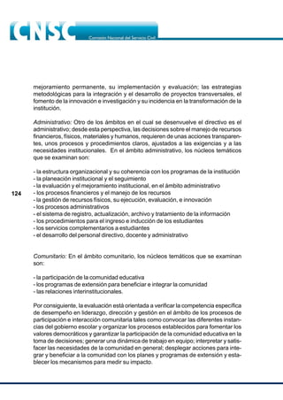 124
mejoramiento permanente, su implementación y evaluación; las estrategias
metodológicas para la integración y el desarrollo de proyectos transversales, el
fomento de la innovación e investigación y su incidencia en la transformación de la
institución.
Administrativo: Otro de los ámbitos en el cual se desenvuelve el directivo es el
administrativo; desde esta perspectiva, las decisiones sobre el manejo de recursos
financieros, físicos, materiales y humanos, requieren de unas acciones transparen-
tes, unos procesos y procedimientos claros, ajustados a las exigencias y a las
necesidades institucionales. En el ámbito administrativo, los núcleos temáticos
que se examinan son:
- la estructura organizacional y su coherencia con los programas de la institución
- la planeación institucional y el seguimiento
- la evaluación y el mejoramiento institucional, en el ámbito administrativo
- los procesos financieros y el manejo de los recursos
- la gestión de recursos físicos, su ejecución, evaluación, e innovación
- los procesos administrativos
- el sistema de registro, actualización, archivo y tratamiento de la información
- los procedimientos para el ingreso e inducción de los estudiantes
- los servicios complementarios a estudiantes
- el desarrollo del personal directivo, docente y administrativo
Comunitario: En el ámbito comunitario, los núcleos temáticos que se examinan
son:
- la participación de la comunidad educativa
- los programas de extensión para beneficiar e integrar la comunidad
- las relaciones interinstitucionales.
Por consiguiente, la evaluación está orientada a verificar la competencia específica
de desempeño en liderazgo, dirección y gestión en el ámbito de los procesos de
participación e interacción comunitaria tales como convocar las diferentes instan-
cias del gobierno escolar y organizar los procesos establecidos para fomentar los
valores democráticos y garantizar la participación de la comunidad educativa en la
toma de decisiones; generar una dinámica de trabajo en equipo; interpretar y satis-
facer las necesidades de la comunidad en general; desplegar acciones para inte-
grar y beneficiar a la comunidad con los planes y programas de extensión y esta-
blecer los mecanismos para medir su impacto.
 