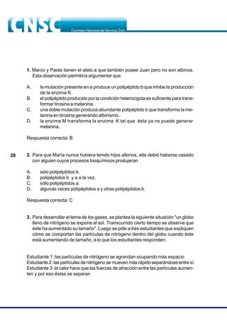 28
1. Marco y Paola tienen el alelo a que también posee Juan pero no son albinos.
Esta observación permitiría argumentar que
A. la mutación presente en a produce un polipéptido b que inhibe la producción
de la enzima K.
B. el polipéptido producido por la condición heterocigota es suficiente para trans-
formar tirosina a melanina.
C. una doble mutación produce abundante polipéptido b que transforma la me-
lanina en tirosina generando albinismo..
D. la enzima M transforma la enzima K tal que ésta ya no puede generar
melanina.
Respuesta correcta: B
2. Para que María nunca hubiera tenido hijos albinos, ella debió haberse casado
con alguien cuyos procesos bioquímicos produjeran
A. sólo polipéptidos b.
B. polipéptidos b y a a la vez.
C. sólo polipéptidos a.
D. algunas veces polipéptidos a y otras polipéptidos b.
Respuesta correcta: C
3. Para desarrollar el tema de los gases, se plantea la siguiente situación "un globo
lleno de nitrógeno se expone al sol. Transcurrido cierto tiempo se observa que
éste ha aumentado su tamaño". Luego se pide a tres estudiantes que expliquen
cómo se comportan las partículas de nitrógeno dentro del globo cuando éste
está aumentando de tamaño, a lo que los estudiantes responden:
Estudiante 1: las partículas de nitrógeno se agrandan ocupando más espacio
Estudiante 2: las partículas de nitrógeno se mueven más rápido separándose entre sí
Estudiante 3: el calor hace que las fuerzas de atracción entre las partículas aumen-
ten y por eso éstas se separan
 