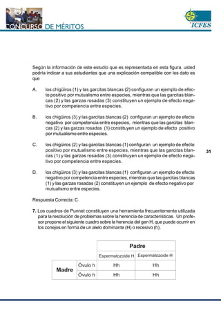 www.cnsc.gov.co
31
Según la información de este estudio que es representada en esta figura, usted
podría indicar a sus estudiantes que una explicación compatible con los dato es
que
A. los chigüiros (1) y las garcitas blancas (2) configuran un ejemplo de efec-
to positivo por mutualismo entre especies, mientras que las garcitas blan-
cas (2) y las garzas rosadas (3) constituyen un ejemplo de efecto nega-
tivo por competencia entre especies.
B. los chigüiros (3) y las garcitas blancas (2) configuran un ejemplo de efecto
negativo por competencia entre especies, mientras que las garcitas blan-
cas (2) y las garzas rosadas (1) constituyen un ejemplo de efecto positivo
por mutualismo entre especies.
C. los chigüiros (2) y las garcitas blancas (1) configuran un ejemplo de efecto
positivo por mutualismo entre especies, mientras que las garcitas blan-
cas (1) y las garzas rosadas (3) constituyen un ejemplo de efecto nega-
tivo por competencia entre especies.
D. los chigüiros (3) y las garcitas blancas (1) configuran un ejemplo de efecto
negativo por competencia entre especies, mientras que las garcitas blancas
(1) y las garzas rosadas (2) constituyen un ejemplo de efecto negativo por
mutualismo entre especies.
Respuesta Correcta: C
7. Los cuadros de Punnet constituyen una herramienta frecuentemente utilizada
para la resolución de problemas sobre la herencia de características. Un profe-
sor propone el siguiente cuadro sobre la herencia del gen H, que puede ocurrir en
los conejos en forma de un alelo dominante (H) o recesivo (h).
Padre
Espermatozoide H Espermatozoide H
Madre
Óvulo h Hh Hh
Óvulo h Hh Hh
 