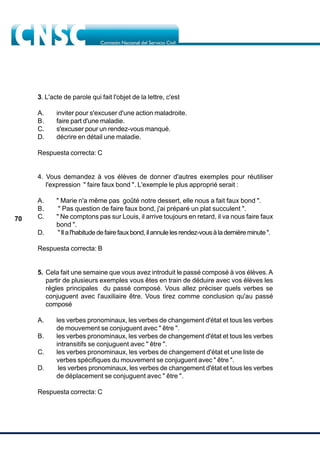 70
3. L'acte de parole qui fait l'objet de la lettre, c'est
A. inviter pour s'excuser d'une action maladroite.
B. faire part d'une maladie.
C. s'excuser pour un rendez-vous manqué.
D. décrire en détail une maladie.
Respuesta correcta: C
4. Vous demandez à vos élèves de donner d'autres exemples pour réutiliser
l'expression " faire faux bond ". L'exemple le plus approprié serait :
A. " Marie n'a même pas goûté notre dessert, elle nous a fait faux bond ".
B. " Pas question de faire faux bond, j'ai préparé un plat succulent ".
C. " Ne comptons pas sur Louis, il arrive toujours en retard, il va nous faire faux
bond ".
D. "Ilal'habitudedefairefauxbond,ilannulelesrendez-vousàladernièreminute".
Respuesta correcta: B
5. Cela fait une semaine que vous avez introduit le passé composé à vos élèves.A
partir de plusieurs exemples vous êtes en train de déduire avec vos élèves les
règles principales du passé composé. Vous allez préciser quels verbes se
conjuguent avec l'auxiliaire être. Vous tirez comme conclusion qu'au passé
composé
A. les verbes pronominaux, les verbes de changement d'état et tous les verbes
de mouvement se conjuguent avec " être ".
B. les verbes pronominaux, les verbes de changement d'état et tous les verbes
intransitifs se conjuguent avec " être ".
C. les verbes pronominaux, les verbes de changement d'état et une liste de
verbes spécifiques du mouvement se conjuguent avec " être ".
D. les verbes pronominaux, les verbes de changement d'état et tous les verbes
de déplacement se conjuguent avec " être ".
Respuesta correcta: C
 