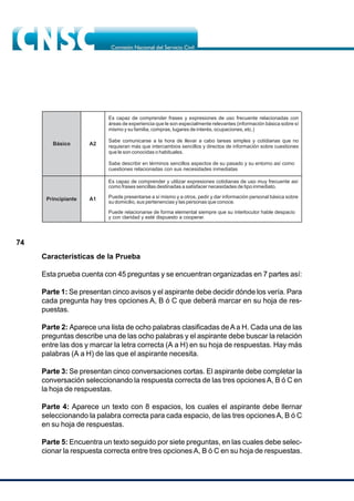 74
Características de la Prueba
Esta prueba cuenta con 45 preguntas y se encuentran organizadas en 7 partes así:
Parte 1: Se presentan cinco avisos y el aspirante debe decidir dónde los vería. Para
cada pregunta hay tres opciones A, B ó C que deberá marcar en su hoja de res-
puestas.
Parte 2: Aparece una lista de ocho palabras clasificadas deAa H. Cada una de las
preguntas describe una de las ocho palabras y el aspirante debe buscar la relación
entre las dos y marcar la letra correcta (A a H) en su hoja de respuestas. Hay más
palabras (A a H) de las que el aspirante necesita.
Parte 3: Se presentan cinco conversaciones cortas. El aspirante debe completar la
conversación seleccionando la respuesta correcta de las tres opciones A, B ó C en
la hoja de respuestas.
Parte 4: Aparece un texto con 8 espacios, los cuales el aspirante debe llernar
seleccionando la palabra correcta para cada espacio, de las tres opcionesA, B ó C
en su hoja de respuestas.
Parte 5: Encuentra un texto seguido por siete preguntas, en las cuales debe selec-
cionar la respuesta correcta entre tres opciones A, B ó C en su hoja de respuestas.
 