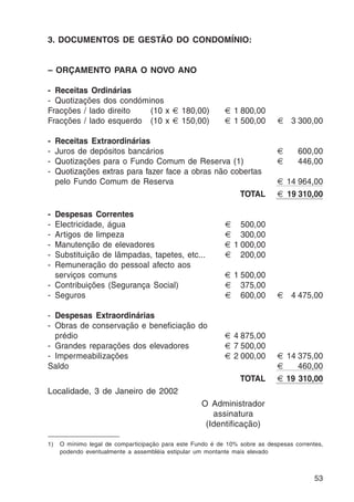 53 
3. DOCUMENTOS DE GESTÃO DO CONDOMÍNIO: 
– ORÇAMENTO PARA O NOVO ANO 
- Receitas Ordinárias 
- Quotizações dos condóminos 
Fracções / lado direito (10 x € 180,00) € 1 800,00 
Fracções / lado esquerdo (10 x € 150,00) € 1 500,00 € 3 300,00 
- Receitas Extraordinárias 
- Juros de depósitos bancários € 600,00 
- Quotizações para o Fundo Comum de Reserva (1) € 446,00 
- Quotizações extras para fazer face a obras não cobertas 
pelo Fundo Comum de Reserva € 14 964,00 
TOTAL € 19 310,00 
- Despesas Correntes 
- Electricidade, água € 500,00 
- Artigos de limpeza € 300,00 
- Manutenção de elevadores € 1 000,00 
- Substituição de lâmpadas, tapetes, etc... € 200,00 
- Remuneração do pessoal afecto aos 
serviços comuns € 1 500,00 
- Contribuições (Segurança Social) € 375,00 
- Seguros € 600,00 € 4 475,00 
- Despesas Extraordinárias 
- Obras de conservação e beneficiação do 
prédio € 4 875,00 
- Grandes reparações dos elevadores € 7 500,00 
- Impermeabilizações € 2 000,00 € 14 375,00 
Saldo € 460,00 
TOTAL € 19 310,00 
Localidade, 3 de Janeiro de 2002 
O Administrador 
assinatura 
(Identificação) 
1) O mínimo legal de comparticipação para este Fundo é de 10% sobre as despesas correntes, 
podendo eventualmente a assembléia estipular um montante mais elevado 
 