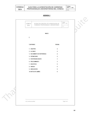 CONEAU APG - I - 004
Código:
PROFESIONALES UNIVERSITARIAS DEL CONEAU
GUÍA PARA LA ACREDITACIÓN DE CARRERAS
DEA V. 0
ADENDA 1
10
 