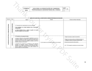 CONEAU APG - I - 004
Código:
PROFESIONALES UNIVERSITARIAS DEL CONEAU
GUÍA PARA LA ACREDITACIÓN DE CARRERAS
DEA V. 0
PROFESIONALES DE EDUCACIÓNMODELO DE CALIDAD PARA LA ACREDITACIÓN DE CARRERAS
34
Dimensión Factor
Fuentes de verificación referencialesEstándarCriterio
financieros integrado al de la Universidad.
recursosLa Unidad Académica tiene un sistema de gestión de
correspondiente.
financiamientoEl plan estratégico de la Unidad Académica tiene el
ra profesional.8.1 Financiamiento de la implementación de la carre
8.RECURSOSFINANCIEROS
ALIII.SERVICIOSDEAPOYOPARALAFORMACIÓNPROFESION
9.GRUPOSDEINTERÉS
9.1 Vinculación con los grupos de interés.
1. Registro de proyectos y estatus de cumplimiento.
s convenios?96. ¿Se cumple con los compromisos adquiridos en lo
grupos de interés con la carrera profesional.
les vinculamos a losservicios, constituyen los instrumentos con los cua
conocimientos, bienes yextranjeras, con los cuales se tiene intercambio de
iales, nacionales oeducativas, de investigación, culturales o empresar
otras institucionesLa ejecución de los convenios de la Universidad con
estudiantes, docentes y administrativos.
nestar a favor de losproyección social, así como en los programas de bie
xtensión universitaria yprocesos de enseñanza-aprendizaje, investigación, e
d de la gestión, de losel extranjero, participan en la mejora de la calida
entificados en el país y enLos grupos de interés de la carrera profesional, id
ucativas, de2. Registro de convenios suscritos con entidades ed
social.investigación, extensión universitaria y proyección
3. Actas de las reuniones del comité consultivo.
os firmados.4. GIII - 124 Porcentaje de cumplimiento de conveni
 