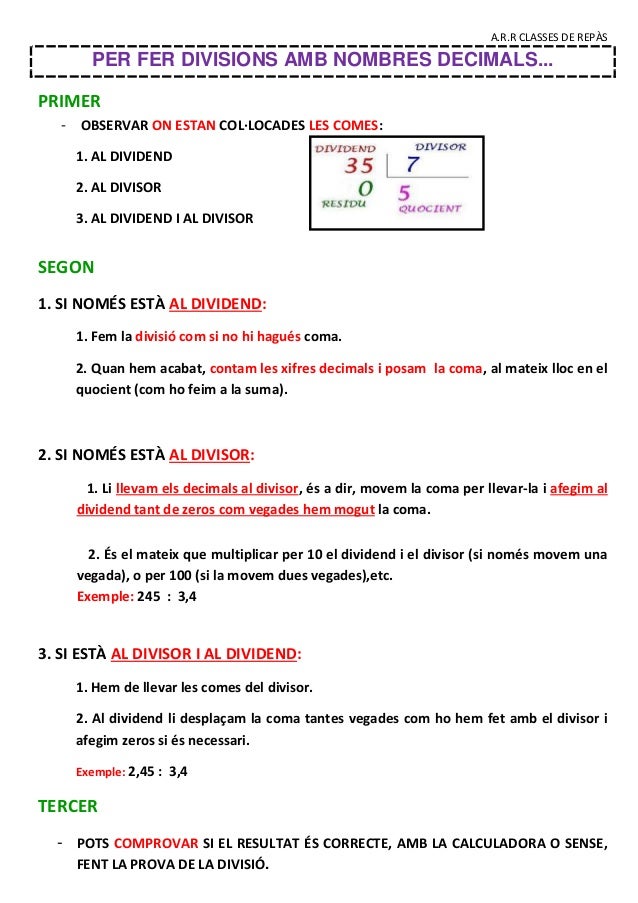 A.R.R CLASSES DE REPÀS
PER FER DIVISIONS AMB NOMBRES DECIMALS...
PRIMER
- OBSERVAR ON ESTAN COL·LOCADES LES COMES:
1. AL D...