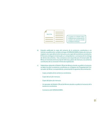 BOLETIN
                                                Se publica en el Boletín Oficial
                                                de Minería que corresponda, de
                                                acuerdo a la provincia donde
                                                se ubique la mensura.




b)   Estando publicada la copia del extracto de la sentencia constitutiva o en
     trámite su publicación, se debe entregar al SERNAGEOMIN el plano de mensura
     original, una copia del acta de mensura y una copia de la sentencia constitutiva.
     El Servicio entregará al interesado un comprobante o constancia de la entrega
     de dichos documentos. Esta constancia será requerida por el Conservador de
     Minas al momento de la inscripción del acta y plano de mensura y la sentencia
     constitutiva de la concesión minera de explotación.

c)   Habiéndose obtenido el Boletín Oficial de Minería donde se publicó el extracto,
     se debe inscribir la sentencia constitutiva en el Registro de Propiedad del Con-
     servador de Minas correspondiente, presentando la siguiente documentación:

     • Copia completa de la sentencia constitutiva.

     • Copia del acta de mensura.

     • Copia del plano de mensura.

     • Un ejemplar del Boletín Oficial de Minería donde se publicó el extracto de la
       sentencia constitutiva.

     • Constancia del SERNAGEOMIN.


                                                                                         43
 