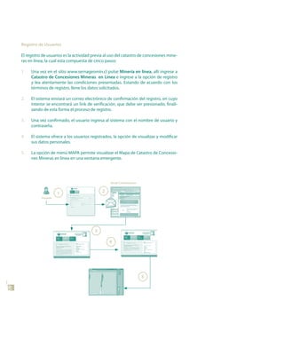 Registro de usuarios

     El registro de usuarios es la actividad previa al uso del catastro de concesiones mine-
     ras en línea, la cual esta compuesta de cinco pasos:

     1.   Una vez en el sitio www.sernageomin.cl pulse Minería en línea, allí ingrese a
          Catastro de Concesiones Mineras en Línea e ingrese a la opción de registro
          y lea atentamente las condiciones presentadas. Estando de acuerdo con los
          términos de registro, llene los datos solicitados.

     2.   El sistema enviará un correo electrónico de confirmación del registro, en cuyo
          interior se encontrará un link de verificación, que debe ser presionado, finali-
          zando de esta forma el proceso de registro.

     3.   Una vez confirmado, el usuario ingresa al sistema con el nombre de usuario y
          contraseña.

     4.   El sistema ofrece a los usuarios registrados, la opción de visualizar y modificar
          sus datos personales.

     5.   La opción de menú MAPA permite visualizar el Mapa de Catastro de Concesio-
          nes Mineras en línea en una ventana emergente.




                                                      Email Confirmación


                          1                       2
                usuario




                                              3

                                                      4




                                                                           5
46
 
