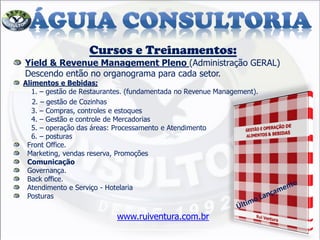 Cursos e Treinamentos:
Yield & Revenue Management Pleno (Administração GERAL)
Descendo então no organograma para cada setor.
Alimentos e Bebidas;
1. – gestão de Restaurantes. (fundamentada no Revenue Management).
2. – gestão de Cozinhas
3. – Compras, controles e estoques
4. – Gestão e controle de Mercadorias
5. – operação das áreas: Processamento e Atendimento
6. – posturas
Front Office.
Marketing, vendas reserva, Promoções
Comunicação
Governança.
Back office.
Atendimento e Serviço - Hotelaria
Posturas
www.ruiventura.com.br
 