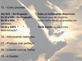 15. –Como procedo

Até 35% - De Ocupação           Todas as tarifas estão disponíveis
De 35 a 50% - De Ocupação       Diminuo taxas de desconto
De 50 a 60% “     “             Fecho todas exceto as previstas em
contratos
De 60 a 100% “    “             Tarifa Balcão ou sob minha
determinação*.

16. –Adicionando restrições

17. –Pratique criar perfeição

18. –Lidando com as Tarifas

19. –A Gestão.
 