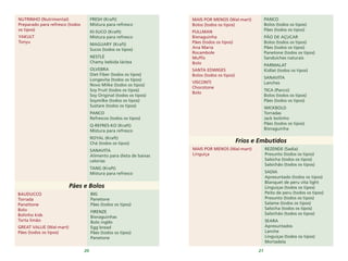 20 21
Pães e Bolos
BIG
Panetone
Pães (todos os tipos)
FIRENZE
Bisnaguinhas
Bolo inglês
Egg bread
Pães (todos os tipos)
Panetone
BAUDUCCO
Torrada
Panettone
Bolo
Bolinho kids
Torta limão
GREAT VALUE (Wal-mart)
Pães (todos os tipos)
FRESH (Kraft)
Mistura para refresco
KI-SUCO (Kraft)
Mistura para refresco
MAGUARY (Kraft)
Sucos (todos os tipos)
NESTLÈ
Chamy bebida láctea
OLVEBRA
Diet Fiber (todos os tipos)
Longevita (todos os tipos)
Novo Milke (todos os tipos)
Soy Fruit (todos os tipos)
Soy Original (todos os tipos)
Soymilke (todos os tipos)
Sustare (todos os tipos)
PANCO
Refrescos (todos os tipos)
Q-REFRES-KO (Kraft)
Mistura para refresco
ROYAL (Kraft)
Chá (todos os tipos)
SANAVITA
Alimento para dieta de baixas
calorias
TANG (Kraft)
Mistura para refresco
NUTRINHO (Nutrimental)
Preparado para refresco (todos
os tipos)
YAKULT
Tonyu
PANCO
Bolos (todos os tipos)
Pães (todos os tipos)
PÃO DE AÇUCAR
Bolos (todos os tipos)
Pães (todos os tipos)
Panetone (todos os tipos)
Sanduíches naturais
PARMALAT
Kidlat (todos os tipos)
SANAVITA
Lanches
TICA (Panco)
Bolos (todos os tipos)
Pães (todos os tipos)
WICKBOLD
Torradas
Jack bolinho
Pães (todos os tipos)
Bisnaguinha
MAIS POR MENOS (Wal-mart)
Bolos (todos os tipos)
PULLMAN
Bisnaguinha
Pães (todos os tipos)
Ana Maria
Rocambole
Muffis
Bolo
SANTA EDWIGES
Bolos (todos os tipos)
VISCONTI
Chocotone
Bolo
Frios e Embutidos
REZENDE (Sadia)
Presunto (todos os tipos)
Salsicha (todos os tipos)
Salsichão (todos os tipos)
SADIA
Apresuntado (todos os tipos)
Blanquet de peru vita light
Linguiças (todos os tipos)
Peito de peru (todos os tipos)
Presunto (todos os tipos)
Salame (todos os tipos)
Salsicha (todos os tipos)
Salsichão (todos os tipos)
SEARA
Apresuntados
Lanche
Linguiças (todos os tipos)
Mortadela
MAIS POR MENOS (Wal-mart)
Linguiça
 