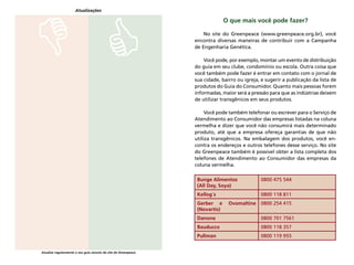 26
O que mais você pode fazer?
No site do Greenpeace (www.greenpeace.org.br), você
encontra diversas maneiras de contribuir com a Campanha
de Engenharia Genética.
Você pode, por exemplo, montar um evento de distribuição
do guia em seu clube, condomínio ou escola. Outra coisa que
você também pode fazer é entrar em contato com o jornal de
sua cidade, bairro ou igreja, e sugerir a publicação da lista de
produtos do Guia do Consumidor. Quanto mais pessoas forem
informadas, maior será a pressão para que as indústrias deixem
de utilizar transgênicos em seus produtos.
Você pode também telefonar ou escrever para o Serviço de
Atendimento ao Consumidor das empresas listadas na coluna
vermelha e dizer que você não consumirá mais determinado
produto, até que a empresa ofereça garantias de que não
utiliza transgênicos. Na embalagem dos produtos, você en-
contra os endereços e outros telefones desse serviço. No site
do Greenpeace também é possível obter a lista completa dos
telefones de Atendimento ao Consumidor das empresas da
coluna vermelha.
Bunge Alimentos
(All Day, Soya)
0800 475 544
Kellog´s 0800 118 811
Gerber e Ovomaltine
(Novartis)
0800 254 415
Danone 0800 701 7561
Bauducco 0800 118 357
Pullman 0800 119 955
Atualizações
Atualize regularmente o seu guia através do site do Greenpeace
 