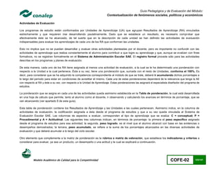 Guía Pedagógica y de Evaluación del Módulo:
                                                                         Contextualización de fenómenos sociales, políticos y económicos

Actividades de Evaluación

Los programas de estudio están conformados por Unidades de Aprendizaje (UA) que agrupan Resultados de Aprendizaje (RA) vinculados
estrechamente y que requieren irse desarrollando paulatinamente. Dado que se establece un resultado, es necesario comprobar que
efectivamente éste se ha alcanzado, de tal suerte que en la descripción de cada unidad se han definido las actividades de evaluación
indispensables para evaluar los aprendizajes de cada uno de los RA que conforman las unidades.

Esto no implica que no se puedan desarrollar y evaluar otras actividades planteadas por el docente, pero es importante no confundir con las
actividades de aprendizaje que realiza constantemente el alumno para contribuir a que logre su aprendizaje y que, aunque se evalúen con fines
formativos, no se registran formalmente en el Sistema de Administración Escolar SAE. El registro formal procede sólo para las actividades
descritas en los programas y planes de evaluación.

De esta manera, cada uno de los RA tiene asignada al menos una actividad de evaluación, a la cual se le ha determinado una ponderación con
respecto a la Unidad a la cual pertenece. Ésta a su vez, tiene una ponderación que, sumada con el resto de Unidades, conforma el 100%. Es
decir, para considerar que se ha adquirido la competencia correspondiente al módulo de que se trate, deberá ir acumulando dichos porcentajes a
lo largo del período para estar en condiciones de acreditar el mismo. Cada una de estas ponderaciones dependerá de la relevancia que tenga la AE
con respecto al RA y éste a su vez, con respecto a la Unidad de Aprendizaje. Estas ponderaciones las asignará el especialista diseñador del programa de
estudios.

La ponderación que se asigna en cada una de las actividades queda asimismo establecida en la Tabla de ponderación, la cual está desarrollada
en una hoja de cálculo que permite, tanto al alumno como al docente, ir observando y calculando los avances en términos de porcentaje, que se
van alcanzando (ver apartado 8 de esta guía).

Esta tabla de ponderación contiene los Resultados de Aprendizaje y las Unidades a las cuales pertenecen. Asimismo indica, en la columna de
actividades de evaluación, la codificación asignada a ésta desde el programa de estudios y que a su vez queda vinculada al Sistema de
Evaluación Escolar SAE. Las columnas de aspectos a evaluar, corresponden al tipo de aprendizaje que se evalúa: C = conceptual; P =
Procedimental y A = Actitudinal. Las siguientes tres columnas indican, en términos de porcentaje: la primera el peso específico asignado
desde el programa de estudios para esa actividad; la segunda, peso logrado, es el nivel que el alumno alcanzó con base en las evidencias o
desempeños demostrados; la tercera, peso acumulado, se refiere a la suma de los porcentajes alcanzados en las diversas actividades de
evaluación y que deberá acumular a lo largo del ciclo escolar.

Otro elemento que complementa a la matriz de ponderación es la rúbrica o matriz de valoración, que establece los indicadores y criterios a
considerar para evaluar, ya sea un producto, un desempeño o una actitud y la cual se explicará a continuación.




           Modelo Académico de Calidad para la Competitividad                                                                 COFE-02              123/141
 