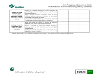Guía Pedagógica y de Evaluación del Módulo:
                                                                                      Contextualización de fenómenos sociales, políticos y económicos

                               Reconoce que la diversidad tiene lugar en un espacio democrático de
 Mantiene una actitud          igualdad de dignidad y derechos de todas las personas, y rechaza toda
   respetuosa hacia la         forma de discriminación.
  interculturalidad y la       Dialoga y aprende de personas con distintos puntos de vista y
diversidad de creencias,       tradiciones culturales mediante la ubicación de sus propias
valores, ideas y prácticas     circunstancias en un contexto más amplio.
         sociales.             Asume que el respeto de las diferencias es el principio de integración
                               y convivencia en los contextos local, nacional e internacional.
                               Asume una actitud que favorece la solución de problemas
                               ambientales en los ámbitos local, nacional e internacional.
Contribuye al desarrollo
                               Reconoce y comprende las implicaciones biológicas, económicas,
sustentable de manera
                               políticas y sociales del daño ambiental en un contexto global
  crítica, con acciones
                               interdependiente.
      responsables.
                               Contribuye al alcance de un equilibrio entre los intereses de corto y
                               largo plazo con relación al ambiente.
 Tomado del Acuerdo 444 por el que se establecen las competencias que constituyen el Marco Curricular Común del Sistema Nacional de Bachillerato.




         Modelo Académico de Calidad para la Competitividad                                                                                         COFE-02   130/141
 