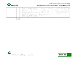 Guía Pedagógica y de Evaluación del Módulo:
                                                              Contextualización de fenómenos sociales, políticos y económicos

                      Realiza una descripción sustentada                sociedad:          estructural       materialismo histórico y/o los
                       para interpretar la sociedad estructural          funcionalismo                y       elementos de la organización
                       y el funcionalismo y materialismo                 materialismo histórico.              social.
                       histórico.                                    o Elementos           de        la      Establece una secuencia deficiente
                      Integra una relación de los elementos             organización social.                 en el procedimiento a seguir y/o en
                       de la organización social.                  Establece una secuencia en el             el trabajo a realizar.
                      Establece una secuencia en el                procedimiento a seguir y en el
                       procedimiento a seguir y en el trabajo a     trabajo a realizar
                       realizar, integrando elementos que
                       sustentan el contexto.
            100




Modelo Académico de Calidad para la Competitividad                                                                     COFE-02               134/141
 