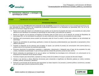 Guía Pedagógica y de Evaluación del Módulo:
                                                                          Contextualización de fenómenos sociales, políticos y económicos



 5.       Orientaciones didácticas y estrategias de
          aprendizaje por unidad.


Unidad I               Identificación de la evolución en las sociedades

                                                              Orientaciones Didácticas

 La unidad de aprendizaje Identificación de la evolución en las sociedades, favorecerá el fortalecimiento de las competencias genéricas que
 sean aplicables de manera natural a las competencias profesionales expresadas en los Resultados de Aprendizaje (RA), con el fin de
 promover una formación integral del alumno.
          Realice el encuadre del módulo con la finalidad de que socialice con los alumnos el propósito del mismo y los propósitos de cada unidad,
           además de que identifiquen los resultados de aprendizaje de cada de ellas y que evidencias se esperan.
          Revise en conjunto con los alumnos el Programa de Estudios antes de iniciar con él, con la intención de vincular los Resultados de
           Aprendizaje (RA), con las actividades de evaluación de cada unidad para ubicar y alcanzar los propósitos de cada unidad.
          Identifique qué conocimientos previos poseen los educandos antes de iniciar la unidad y vincule estos saberes con las actividades de
           aprendizaje.
          Organice las actividades de aprendizaje significativo a través de situaciones problematizadoras que desarrollen el pensamiento crítico-
           reflexivo del alumno.
          Fomente la integración de los alumnos para el trabajo en equipo, que permita el proceso de comunicación entre alumno-alumno y
           profesor-alumno en el proceso de enseñanza-aprendizaje.
          Promueva situaciones de aprendizaje cooperativo y colaborativo, interactuando y trabajando para el logro de los propósitos de cada
           unidad y resultados de aprendizajes, lo que contribuye además al desarrollo personal y social de cada alumno.
          Genere ambientes de aprendizaje en los que se aplican con flexibilidad las tecnologías de la información y la comunicación en la
           búsqueda de la infamación de las ciencias sociales.
          Fomente el respeto para intercambiar y expresar sus ideas a través de la palabra en el grupo y equipos de discusión dirigida.
          Induzca a los alumnos a utilizar diferentes diccionarios para comprender el significado de diferentes palabras en ciertos contextos:
           sociales, políticos, económicos y filosóficos.
          Estimule la comunicación de los alumnos para argumentar sus ideas respecto a los procesos y cambios políticos, económicos y sociales
           que han dado lugar al entorno socioeconómico actual.




              Modelo Académico de Calidad para la Competitividad                                                              COFE-02           17/141
 