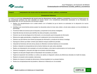 Guía Pedagógica y de Evaluación del Módulo:
                                                                         Contextualización de fenómenos sociales, políticos y económicos



Unidad II           Interpretación del vínculo entre las dimensiones sociales, políticas y económicas

                                                             Orientaciones Didácticas

La unidad de aprendizaje Interpretación del vínculo entre las dimensiones sociales, políticas y económicas, favorecerá el fortalecimiento de
las competencias genéricas que sean aplicables de manera natural a las competencias profesionales expresadas en los Resultados de
Aprendizaje (RA), con el fin de promover una formación integral.
      Realice una retroalimentación de la unidad anterior con la finalidad de que el alumno se autoevalué en la adquisición de nuevos
       conocimientos.
      Identifique qué conocimientos previos poseen los educandos antes de iniciar esta unidad y vincule estos saberes con las actividades de
       aprendizaje.
      Fomente el hábito de la lectura para la búsqueda y comprensión de los temas investigados.
      Desarrolle técnicas de lectura para identificar las ideas principales y secundarias.
      Oriente el uso de las tecnologías de la información y la comunicación para la búsqueda de información.
      Refuerce las reglas gramaticales y ortográficas en la elaboración de los documentos escritos.
      Oriente el uso del internet como fuente de búsqueda de información y consulta de los temas a investigar.
      Exponga los criterios que deben contener para elaborar ensayos académicos parciales.
      Interprete los fenómenos del ciclo de las culturas en diferentes momentos históricos en la humanidad.
      Analice e interprete la correspondencia de los hechos históricos de cada cultura abordada.
      Realice una interpretación de la sociedad y el mundo del trabajo y cómo éste ha evolucionado en el mundo actual.
      Oriente la investigación y discusión del origen de la división social del trabajo.
      Organice una discusión dirigida sobre la Interpretación de la sociedad y la cultura.
      Organice la exposición de la temática: La cultura y los valores, la integración cultural y las diferencias culturales en el salón de clases.
      Realice la vinculación entre sociedad y democracia
      Debata con el grupo el concepto de democracia y formas de gobierno en su proceso histórico.
      Analice las conceptualizaciones de pluralismo, tolerancia e intolerancia en una sociedad.




            Modelo Académico de Calidad para la Competitividad                                                                 COFE-02                20/141
 