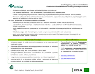 Guía Pedagógica y de Evaluación del Módulo:
                                                                          Contextualización de fenómenos sociales, políticos y económicos

       Genere oportunidades de aprendizaje en actividades individuales como colectivas.
       Cree ambientes de aprendizaje a partir de los intereses y conocimientos previos de los educandos.
       Estimule la investigación y comprensión de las culturas antiguas para entender nuestro presente a través de técnicas de debate.
       Promueve la participación de los alumnos de manera activa en las sesiones, expresando dudas y trabajando en pequeños equipos para la
        realización de tareas dentro y fuera del salón de clases.
Así mismo, se desarrollan las siguientes competencias transversales:
       Ordena información de acuerdo a categorías, jerarquías y relaciones dimensiones sociales, políticas y económicas.
       Articula saberes de diversos campos y establece relaciones entre ellos y su vida cotidiana en las diferentes dimensiones sociales,
        políticas y económicas.
       Asume una actitud constructiva, congruente con los conocimientos y habilidades con los que cuenta dentro de distintos equipos de
        trabajo.
       Utiliza las tecnologías de la información y comunicación para procesar e interpretar información seleccionada.
       Aporta puntos de vista con apertura y considera los de otras personas de manera reflexiva para hacer una interpretación de las
        dimensiones sociales, políticas y económicas.


                                Estrategias de Aprendizaje                                                   Recursos Académicos
   Socializar en equipos de trabajo, los conocimientos previos que se poseen acerca de           Ramírez González Clara Inés Conocimientos
    este tema de estudio.                                                                          fundamentales de Historia. Volumen I.
                                                                                                   México, 2009 Editorial, Mc Graw Hill.
   Investigar en deferentes fuentes de consulta bibliográfica y por Internet los fenómenos
    que surgieron de los ciclo de las culturas                                                    INITE. Introducción a las ciencias sociales,
                                                                                                   México, 2009, Editorial, Instituto Internacional
   Elaborar fichas de trabajo de la cultura grecolatina: Grecia y Roma
                                                                                                   de Investigación de Tecnología Educativa.
   Investigar en diferentes documentales hechos históricos de la edad media a partir de
    los fenómenos sociales, políticos y económicos
                                                                                                  http://www.kalipedia.com/
   Indagar los fenómenos sociales, políticos y económicos del cristianismo y el imperio
                                                                                                  http://www.artehistoria.net/
   Situar los hechos de los fenómenos sociales, políticos y económicos la hegemonía
    europea a través de las actividades de aprendizaje sugeridas.




           Modelo Académico de Calidad para la Competitividad                                                               COFE-02             21/141
 