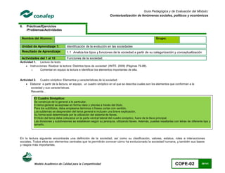 Guía Pedagógica y de Evaluación del Módulo:
                                                                       Contextualización de fenómenos sociales, políticos y económicos


6.   Prácticas/Ejercicios
     /Problemas/Actividades

 Nombre del Alumno:                                                                                         Grupo:

 Unidad de Aprendizaje 1:            Identificación de la evolución en las sociedades
 Resultado de Aprendizaje:           1.1 Analiza los tipos y funciones de la sociedad a partir de su categorización y conceptualización
 Actividades del 1 al 10             Funciones de la sociedad.
Actividad 1. Lectura de texto
     Instrucciones: Realizar la lectura: Distintos tipos de sociedad (INITE, 2009) (Páginas 79-88).
        o     Comentar en equipo la lectura e identificar los elementos importantes de ella.


Actividad 2. Cuadro sinóptico: Elementos y características de la sociedad.
     Elaborar a partir de la lectura, en equipo, un cuadro sinóptico en el que se describa cuales son los elementos que conforman a la
        sociedad y sus características.
        Recuerda…

           El Cuadro Sinóptico:
           Se construye de lo general a lo particular.
           El tema general se expresa en forma clara y precisa a través del título.
           Para los subtítulos, debe emplearse términos o frases cortas con sentido.
           Los subtemas se desprenden del tema general e incluyen una breve explicación.
           Su forma está determinada por la utilización del sistema de llaves.
           El título del tema debe colocarse en la parte central lateral del cuadro sinóptico, fuera de la llave principal.
           Las divisiones y subdivisiones se establecen según su jerarquía, utilizando llaves. Además, puedes resaltarlas con letras de diferente tipo y
           tamaño.



En la lectura siguiente encontrarás una definición de la sociedad, así como su clasificación, valores, estatus, roles e interacciones
sociales. Todos ellos son elementos centrales que te permitirán conocer cómo ha evolucionado la sociedad humana, y también sus bases
y rasgos más importantes.




           Modelo Académico de Calidad para la Competitividad                                                              COFE-02               26/141
 