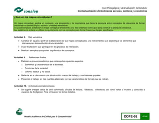 Guía Pedagógica y de Evaluación del Módulo:
                                                                         Contextualización de fenómenos sociales, políticos y económicos

¿Qué son los mapas conceptuales?

Un mapa conceptual, explica un concepto, una proposición y la importancia que tiene la jerarquía entre conceptos, la relevancia de formar
oraciones con sentido lógico, es decir, unidades semánticas.
Se puede empezar a elaborar un mapa conceptual empleando una lista ordenada como guía para construir la jerarquía conceptual.
Las palabras de enlace se utilizan conjuntamente con los conceptos para formar frases que tengan significados


Actividad 8.    Red semántica.
       Construir en equipo a partir de la elaboración de sus mapas conceptuales, una red semántica que especifique los elementos que
        intervienen en la constitución de una sociedad.
       Incluir los factores que participan en los procesos de interacción.
       Realizar ejemplos que aporten significado a los conceptos.


Actividad 9.     Reflexiones finales.
       Elaborar un ensayo académico que contenga los siguientes aspectos:
        o   Elementos y características de la sociedad.
        o   Funciones de la sociedad
        o   Valores, estatus y rol social.
       Redactar en el documento una introducción, cuerpo del trabajo y conclusiones grupales.
       Presentar el trabajo en tres cuartillas elaborado con las características de formato que se indican.


Actividad 10. Actividades complementarias
       Se sugiere integrar ciclos de cine comentado, círculos de lectura, fototecas, videotecas, así como visitas a museos y consultas a
        espacios de divulgación. Para enriquecer los temas tratados.




            Modelo Académico de Calidad para la Competitividad                                                         COFE-02          47/141
 